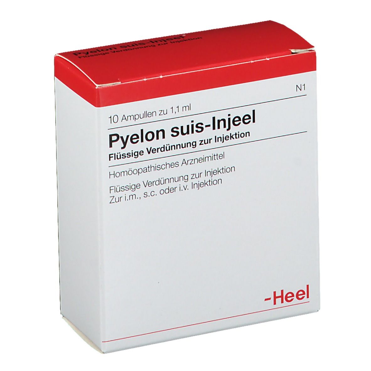 Weiße Schachtel mit rotem Deckel. Beschriftung: Pyelon suis-Injeel, 10 Ampullen. Marke: Heel.