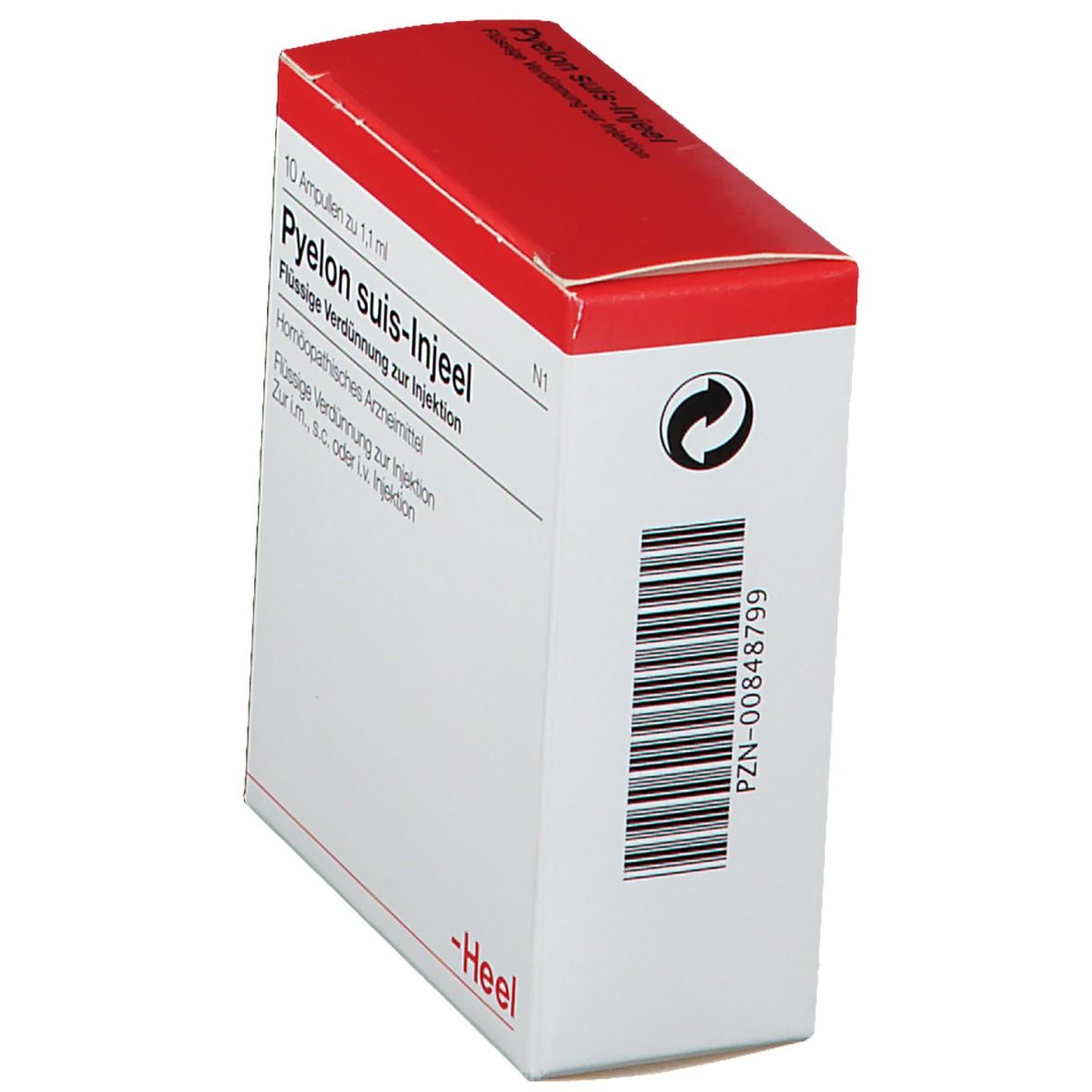 Weiße Schachtel mit rotem Deckel. Beschriftung: Pyelon suis-Injeel. Barcode und PZN-Nummer. Marke: Heel.