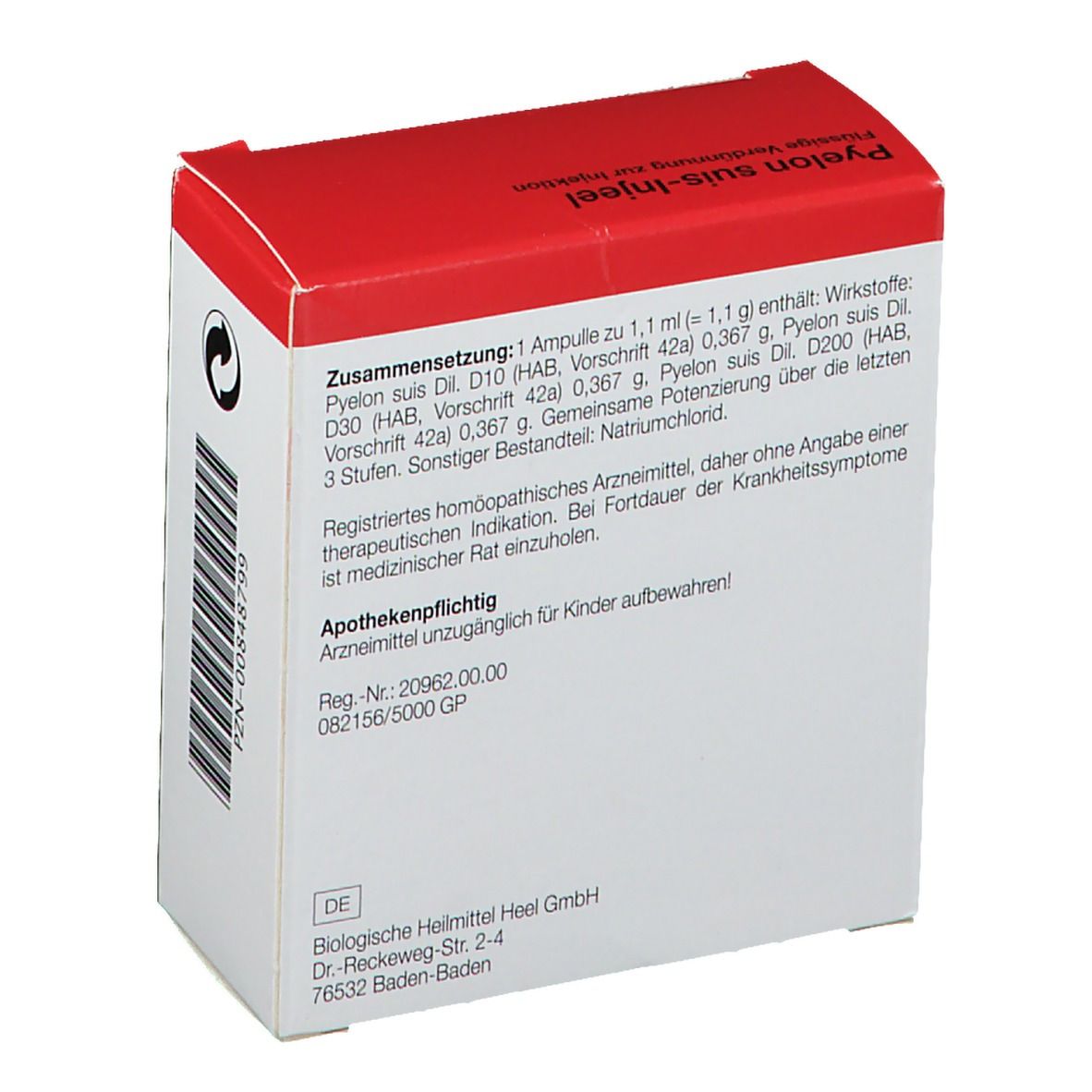 Rückseite der weißen Schachtel mit rotem Deckel. Text: Zusammensetzung, Apothekenpflichtig. Marke: Heel.