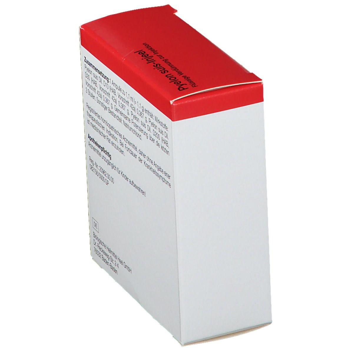 Schachtel mit rotem Deckel. Text: Zusammensetzung, Apothekenpflichtig. Marke: Heel.