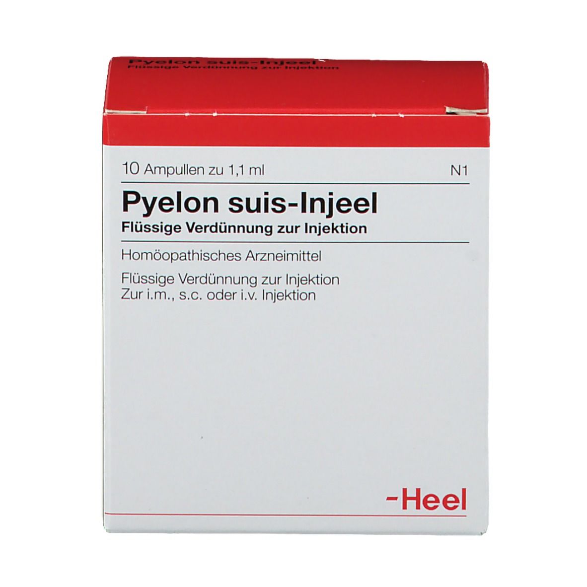 Weiße Schachtel mit rotem Deckel. Beschriftung: Pyelon suis-Injeel, 10 Ampullen. Marke: Heel.
