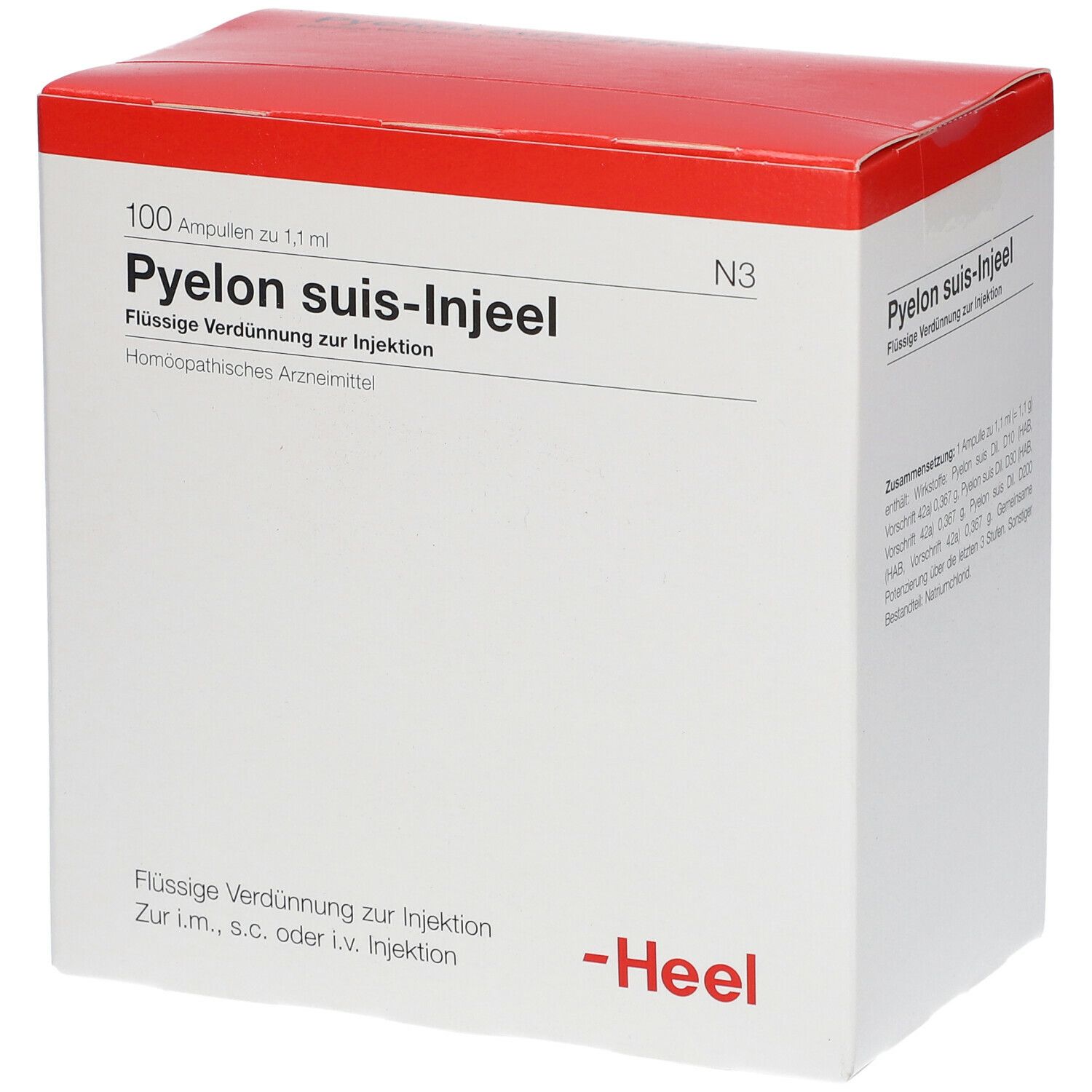 Karton mit rotem Deckel. Aufschrift: Pyelon suis-Injeel, 100 Ampullen. Marke Heel.