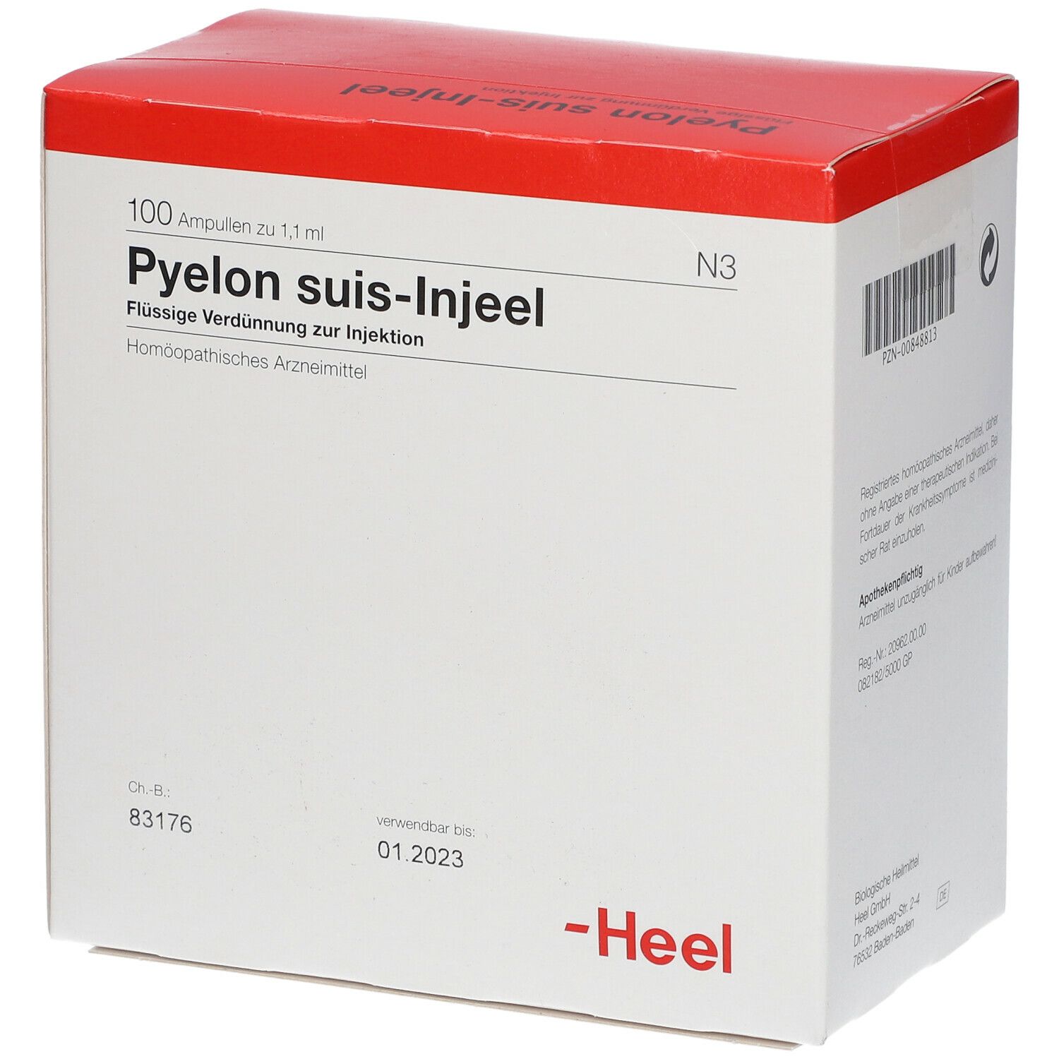 Karton mit rotem Deckel. Aufschrift: Pyelon suis-Injeel, 100 Ampullen. Marke Heel. Barcode.