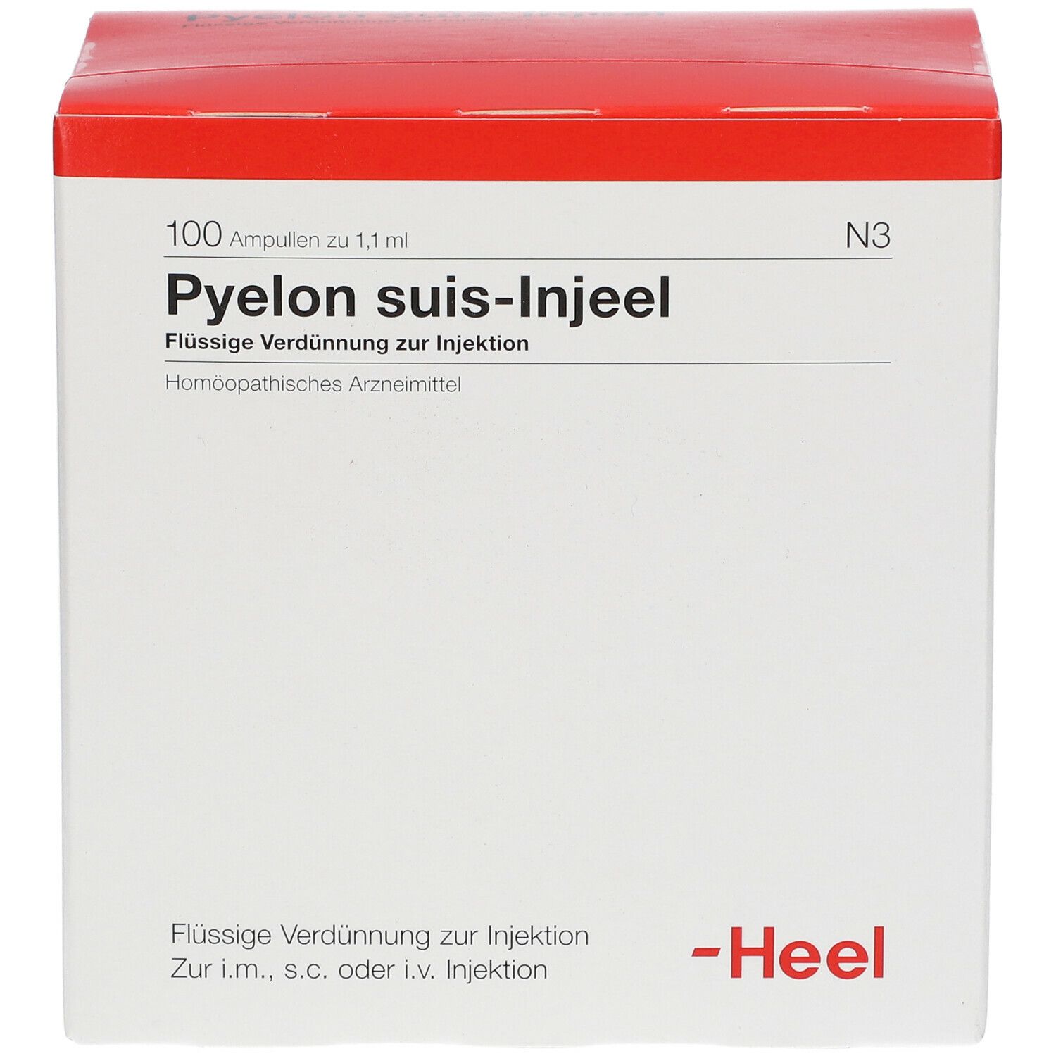 Karton mit rotem Deckel. Aufschrift: Pyelon suis-Injeel, 100 Ampullen. Marke Heel.