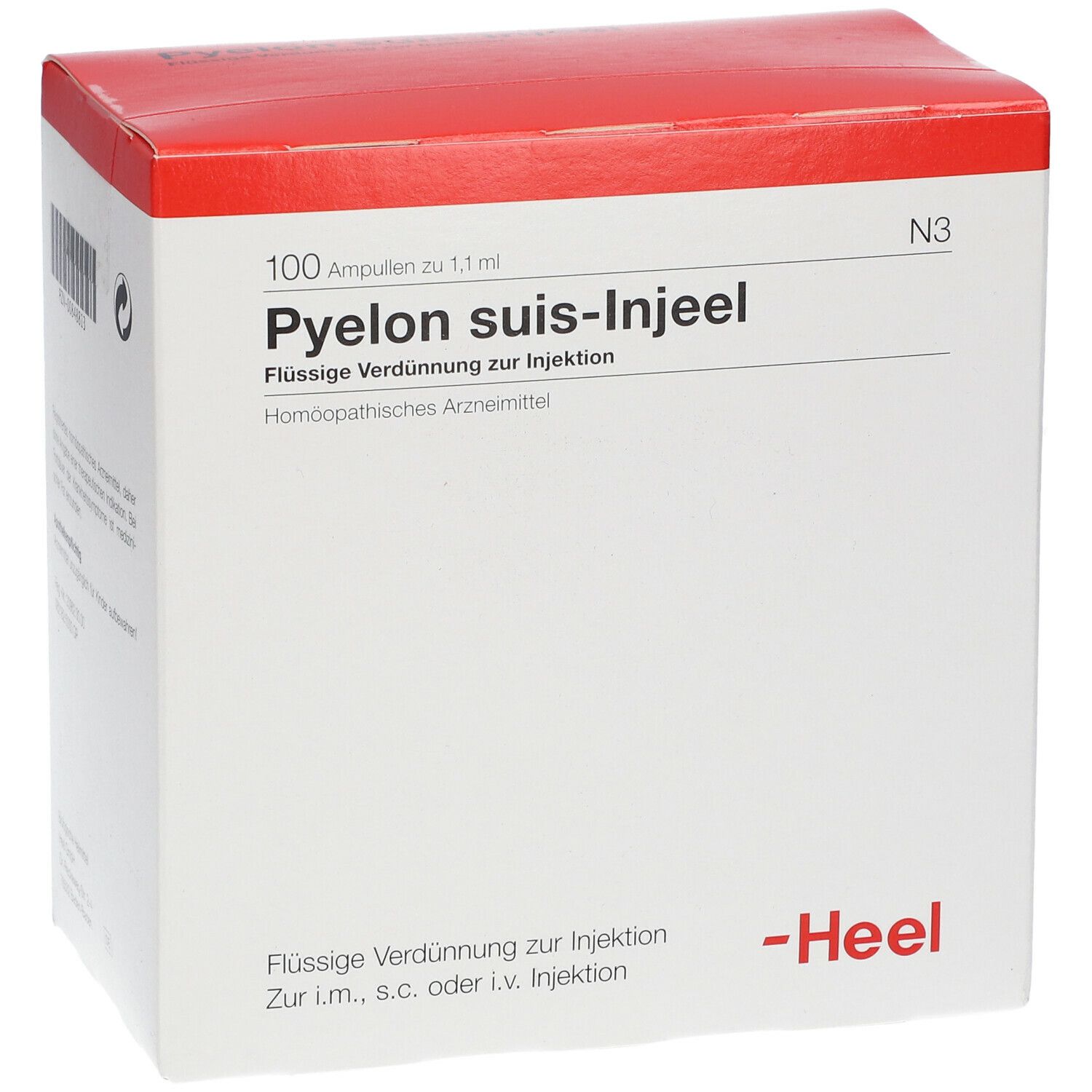 Karton mit rotem Deckel. Aufschrift: Pyelon suis-Injeel, 100 Ampullen. Marke Heel.