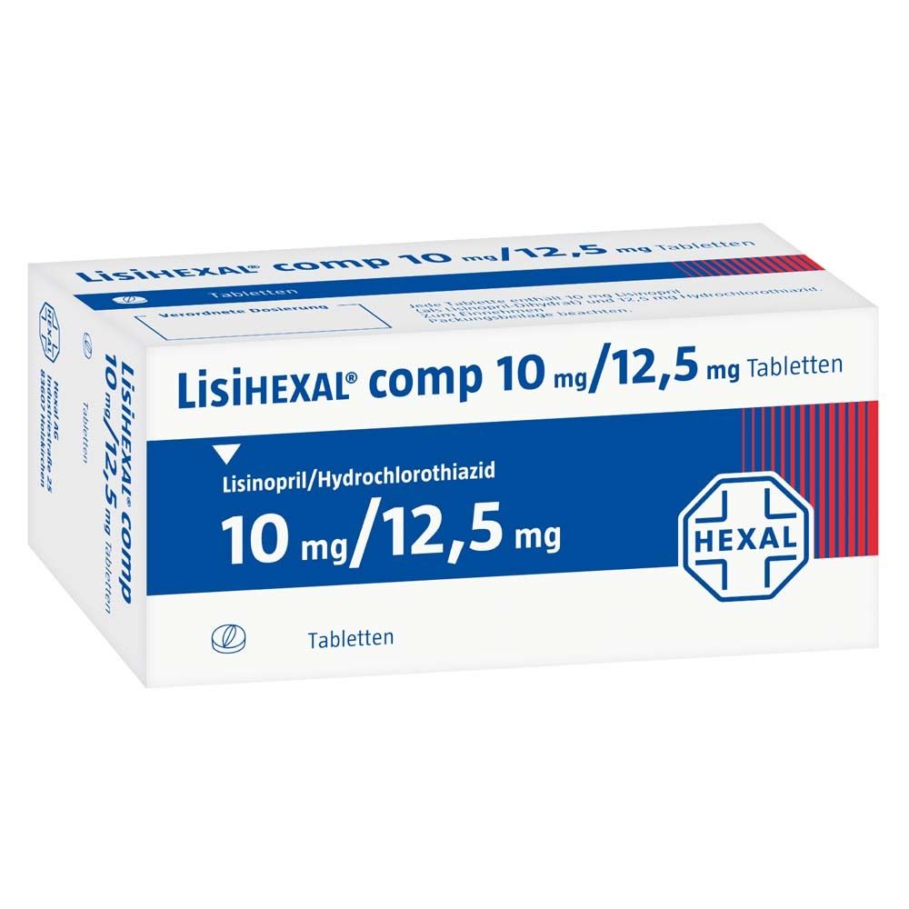 Weiße Tablettenbox mit blauer Schrift. Aufschrift: LisiHEXAL comp 10 mg/12,5 mg Tabletten. HEXAL-Logo.