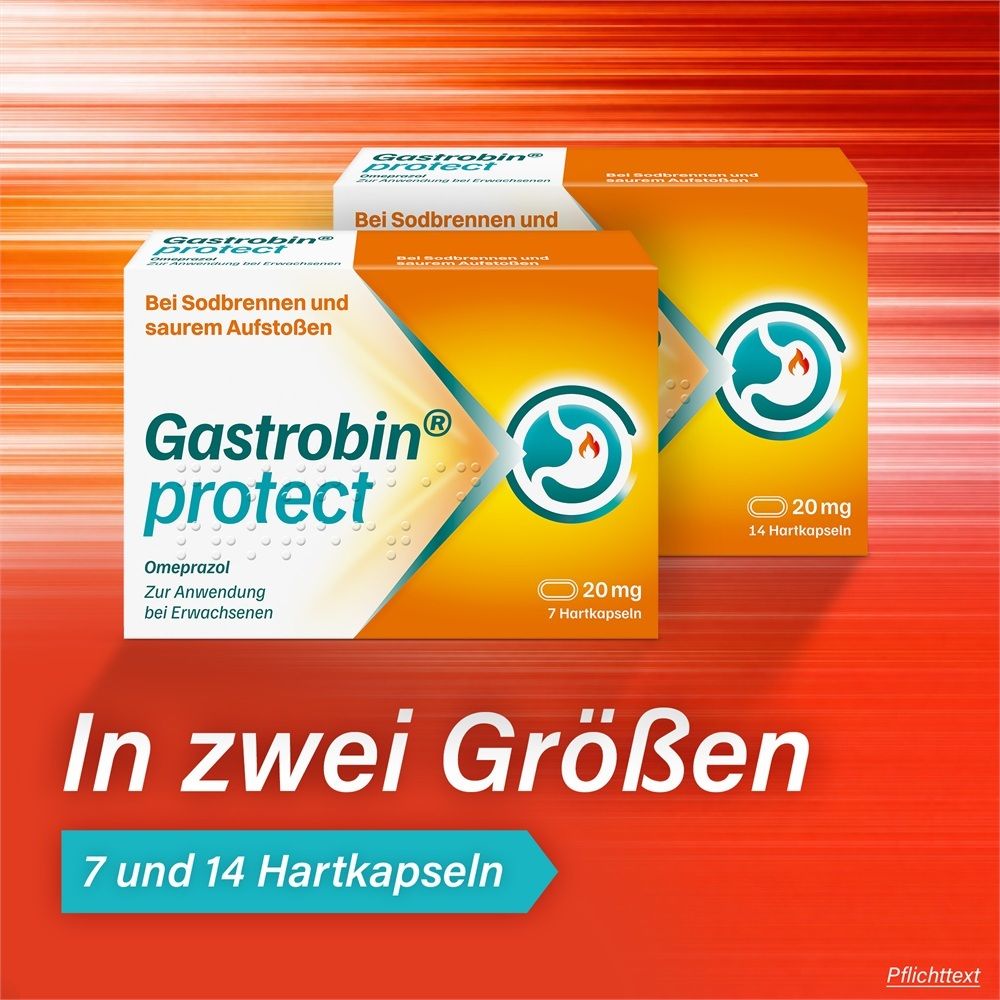 Zwei Packungen Gastrobin® protect in den Größen 7 und 14 Hartkapseln.