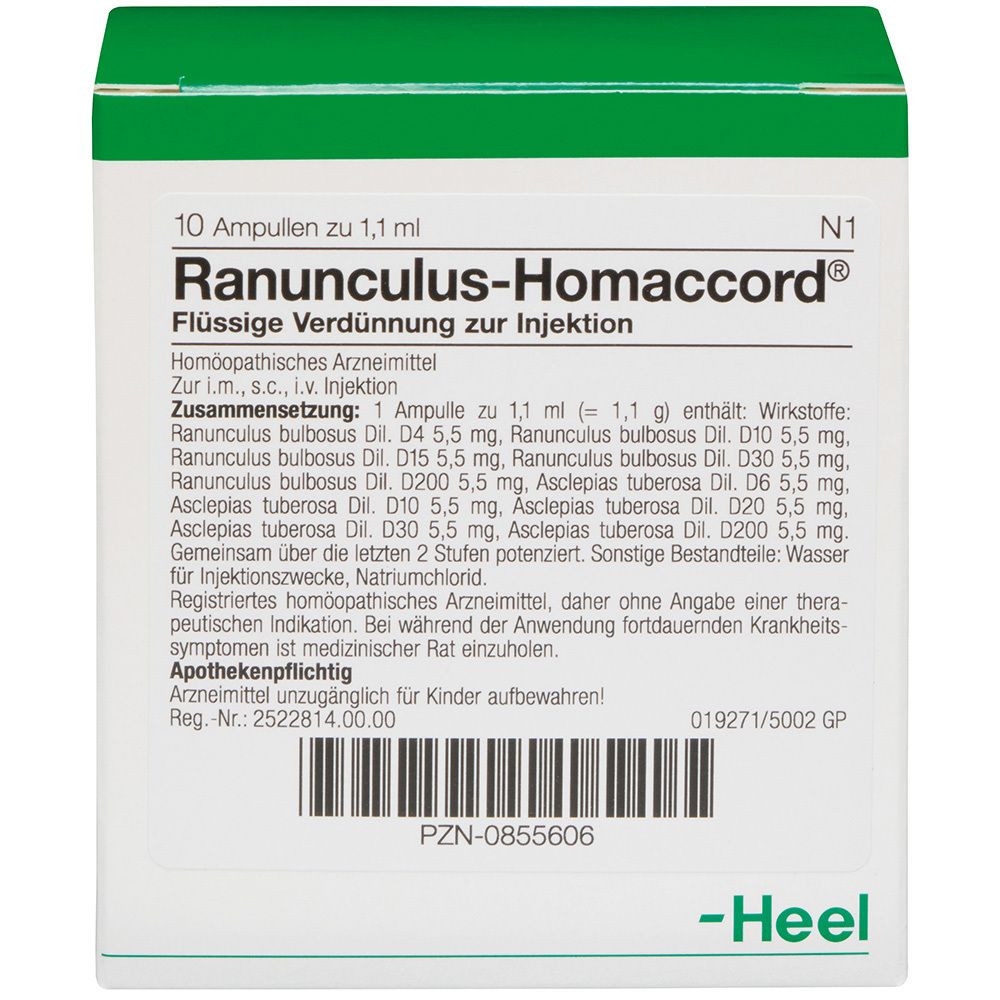 Verpackung von Ranunculus-Homaccord Ampullen. 10 Ampullen, 1,1 ml. Aufschrift: Flüssige Verdünnung zur Injektion. Marke: Heel.
