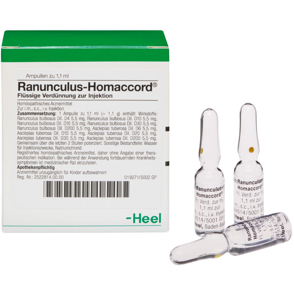 Packung und Ampullen. Aufschrift: Ranunculus-Homaccord®. Flüssige Verdünnung zur Injektion. Heel-Logo.