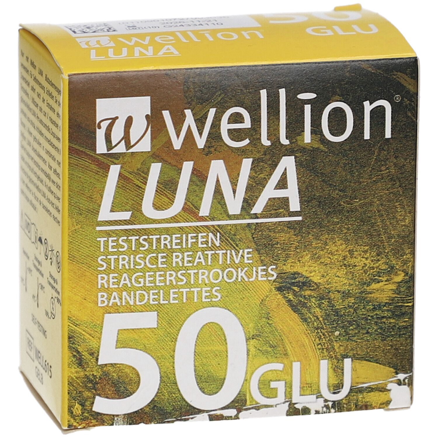 Gelbe Schachtel mit "wellion LUNA"-Logo und Text. Enthält 50 Teststreifen. Aufschrift: Teststreifen, Strisce reattive, Reageerstrookjes, Bandelettes.