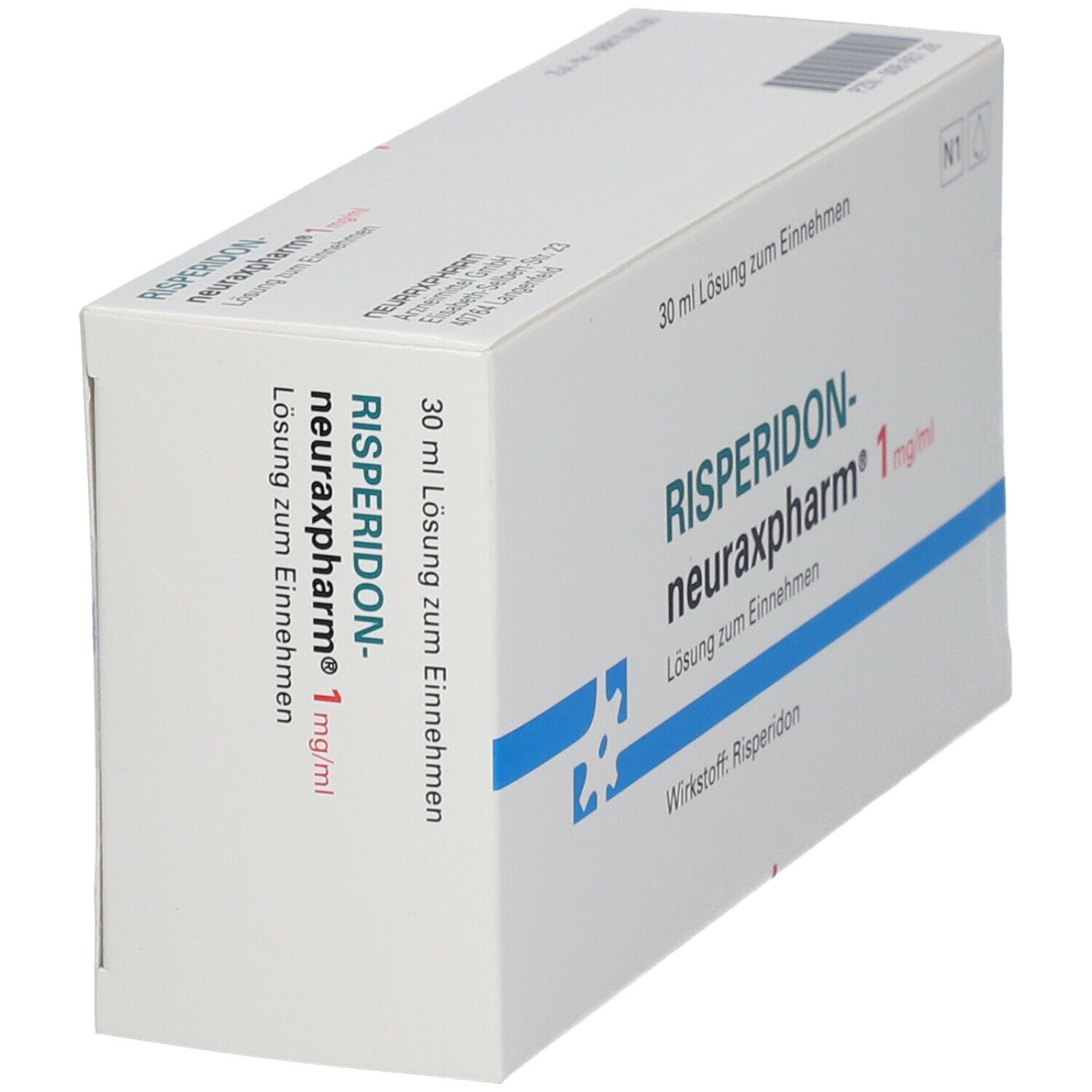 Schachtel RISPERIDON-neuraxpharm 1 mg/ml Lösung. Aufschrift: 30 ml Lösung zum Einnehmen. Wirkstoff: Risperidon. Blaue Linie.