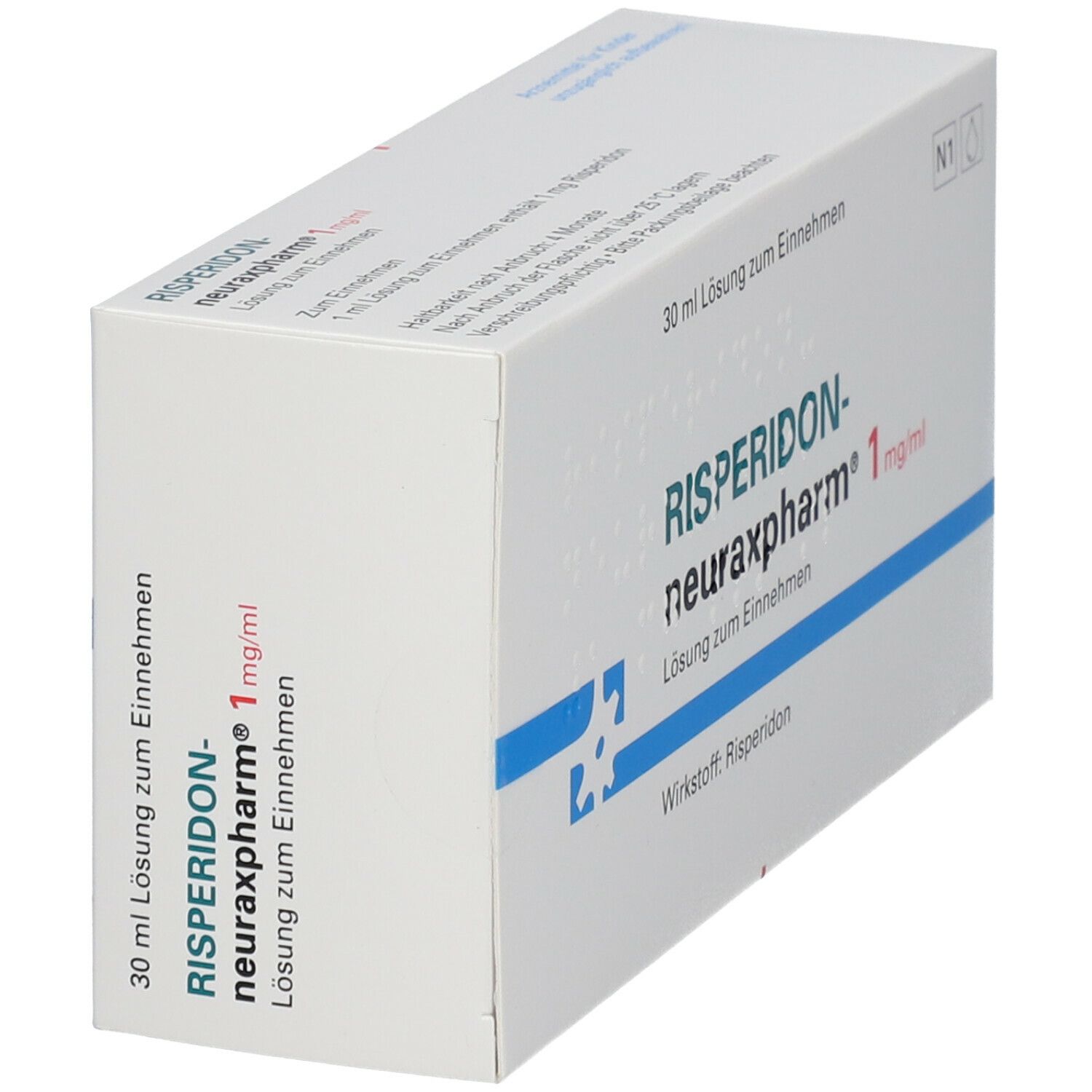 Schachtel RISPERIDON-neuraxpharm 1 mg/ml Lösung. Aufschrift: 30 ml Lösung zum Einnehmen. Wirkstoff: Risperidon. Blaue Linie.