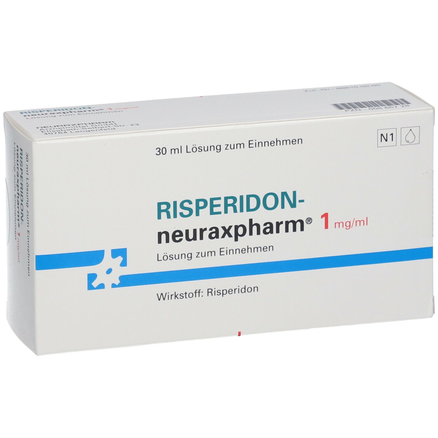 Weiße Schachtel RISPERIDON-neuraxpharm 1 mg/ml Lösung. Aufschrift: 30 ml Lösung zum Einnehmen. Wirkstoff: Risperidon. N1.