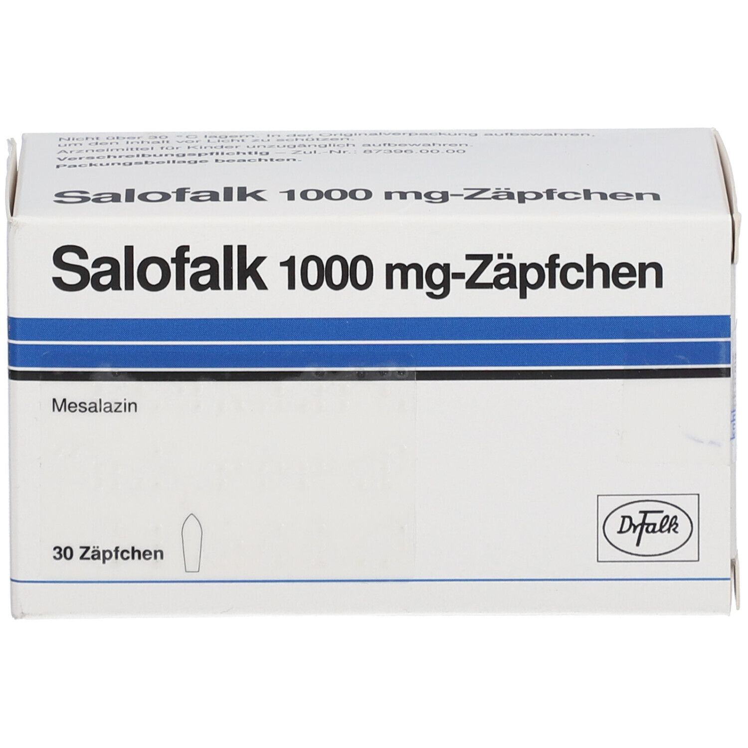 Weiße Schachtel mit blauen Streifen. Aufschrift: Salofalk 1000 mg-Zäpfchen, Mesalazin, 30 Zäpfchen. Logo: Dr. Falk.