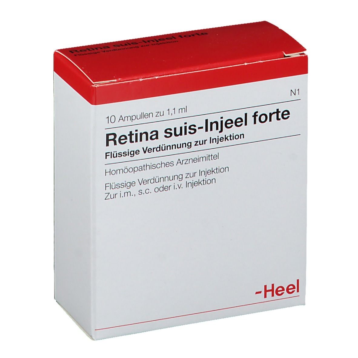 Weiß-rote Faltschachtel mit Produktnamen Retina suis-Injeel forte. Enthält 10 Ampullen. Marke Heel.