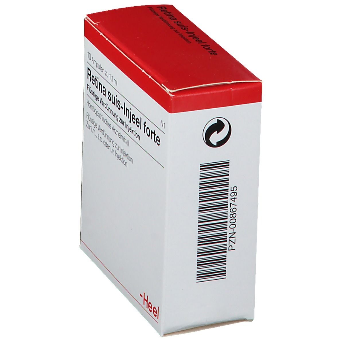 Weiße Faltschachtel mit rotem Deckel. Produktname Retina suis-Injeel forte. Barcode und PZN-Nummer.
