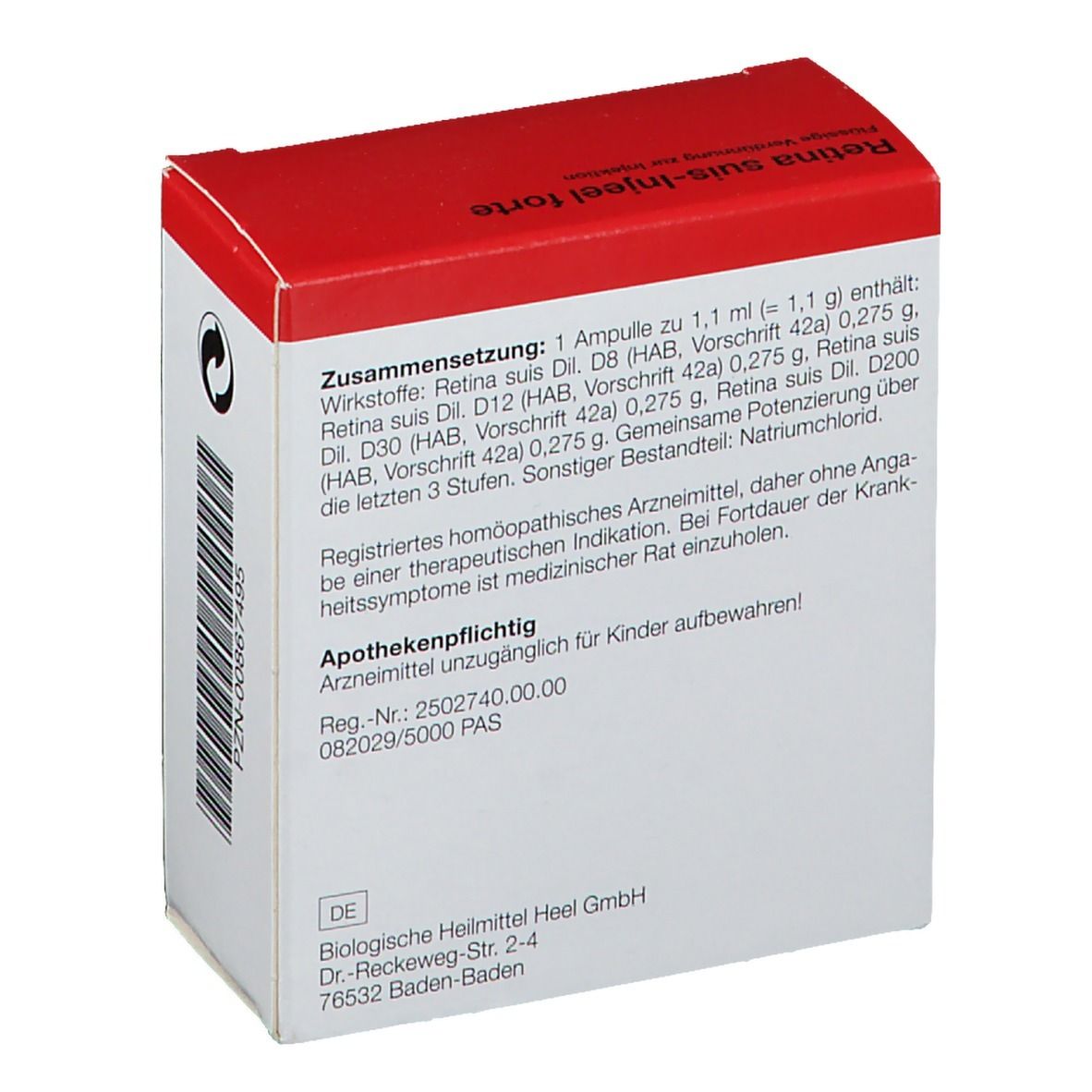 Rückseite der weißen Faltschachtel. Text mit Inhaltsstoffen und Herstellerinformationen. Apothekenpflichtig.