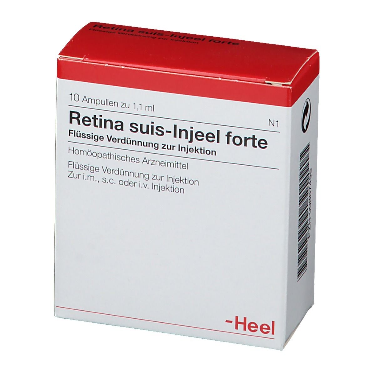 Weiß-rote Faltschachtel mit Produktnamen Retina suis-Injeel forte. Enthält 10 Ampullen. Marke Heel.