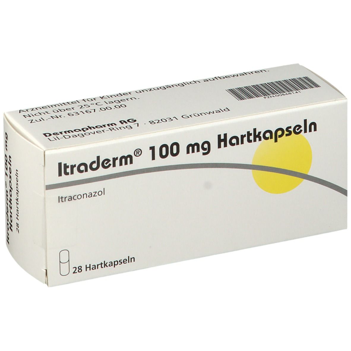Weiße Schachtel mit gelbem Kreis. Aufschrift: Itraderm 100 mg Hartkapseln, 28 Hartkapseln. Enthält Itraconazol.