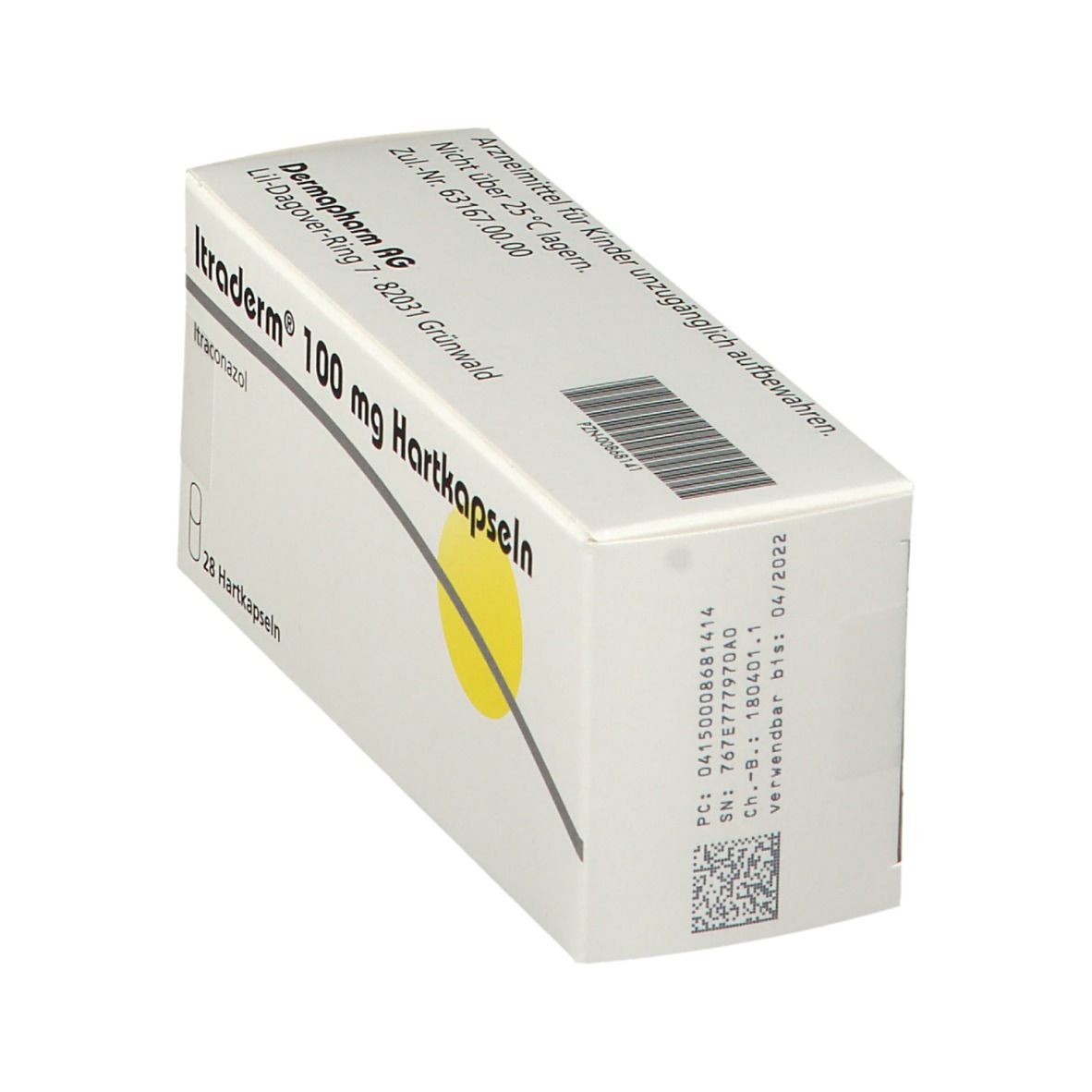 Schachtel mit gelbem Kreis. Aufschrift: Itraderm 100 mg Hartkapseln. Enthält Itraconazol. 28 Hartkapseln. Barcode und Chargennummer.