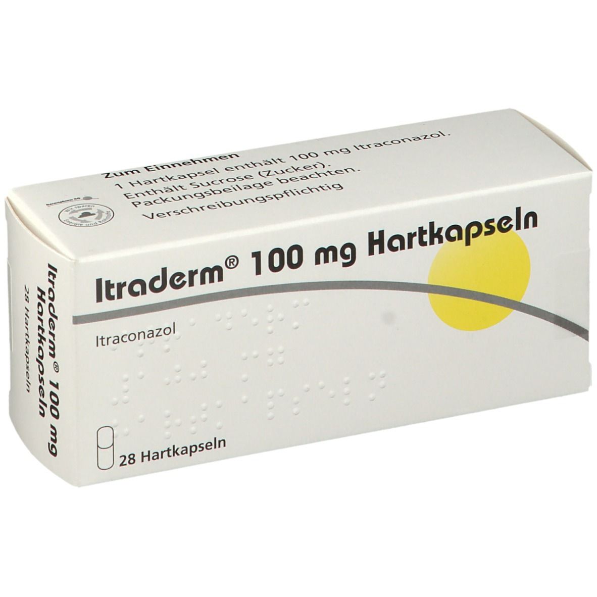 Weiße Schachtel mit gelbem Kreis. Aufschrift: Itraderm 100 mg Hartkapseln, 28 Hartkapseln. Enthält Itraconazol. Text zum Einnehmen.