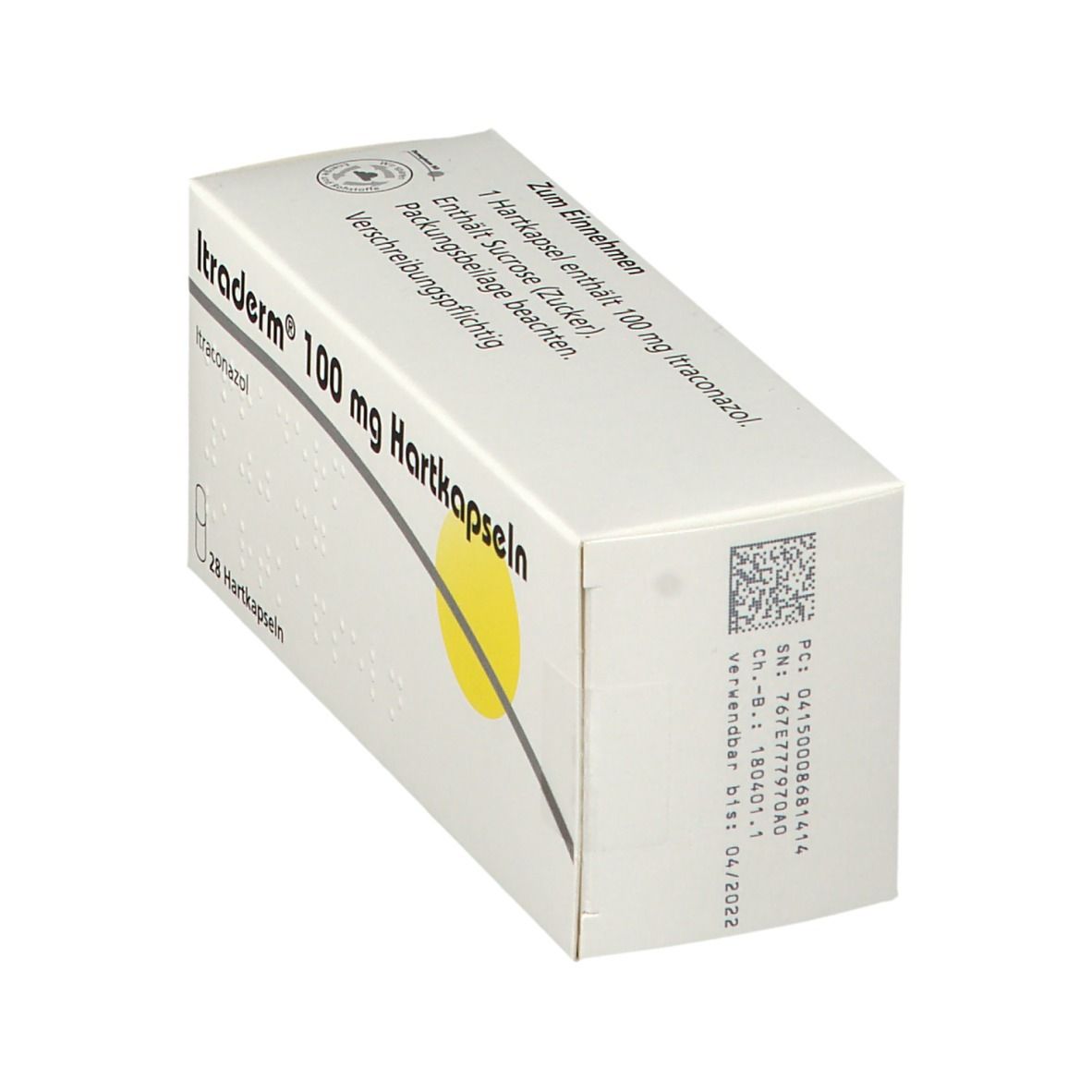 Schachtel mit gelbem Kreis. Aufschrift: Itraderm 100 mg Hartkapseln. Enthält Itraconazol. 28 Hartkapseln. Barcode und Chargennummer.