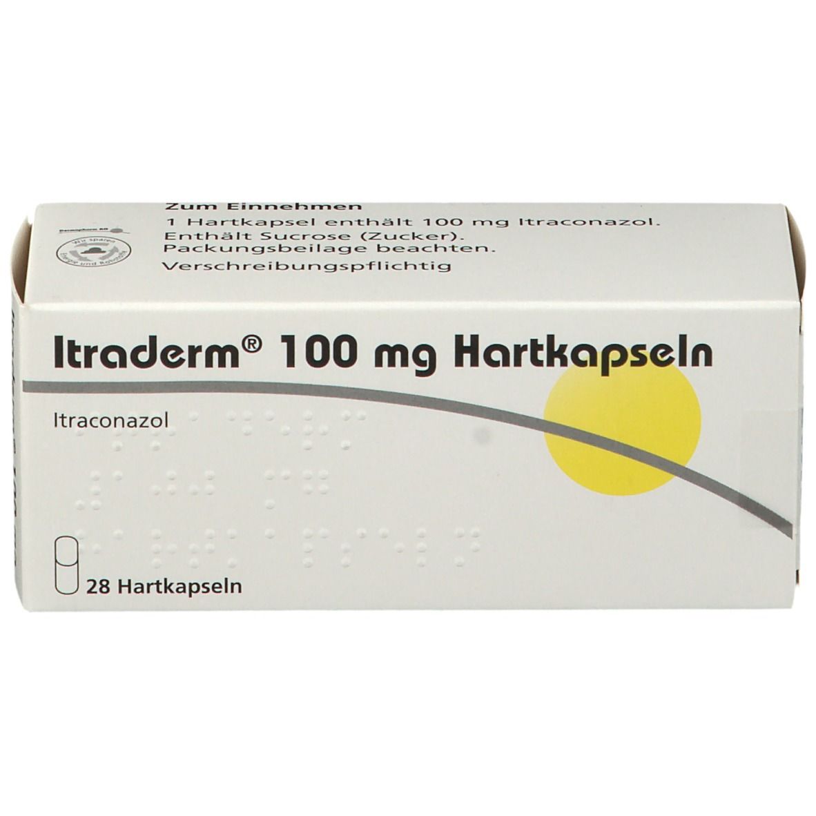 Weiße Schachtel mit gelbem Kreis. Aufschrift: Itraderm 100 mg Hartkapseln, 28 Hartkapseln. Enthält Itraconazol. Text zum Einnehmen.