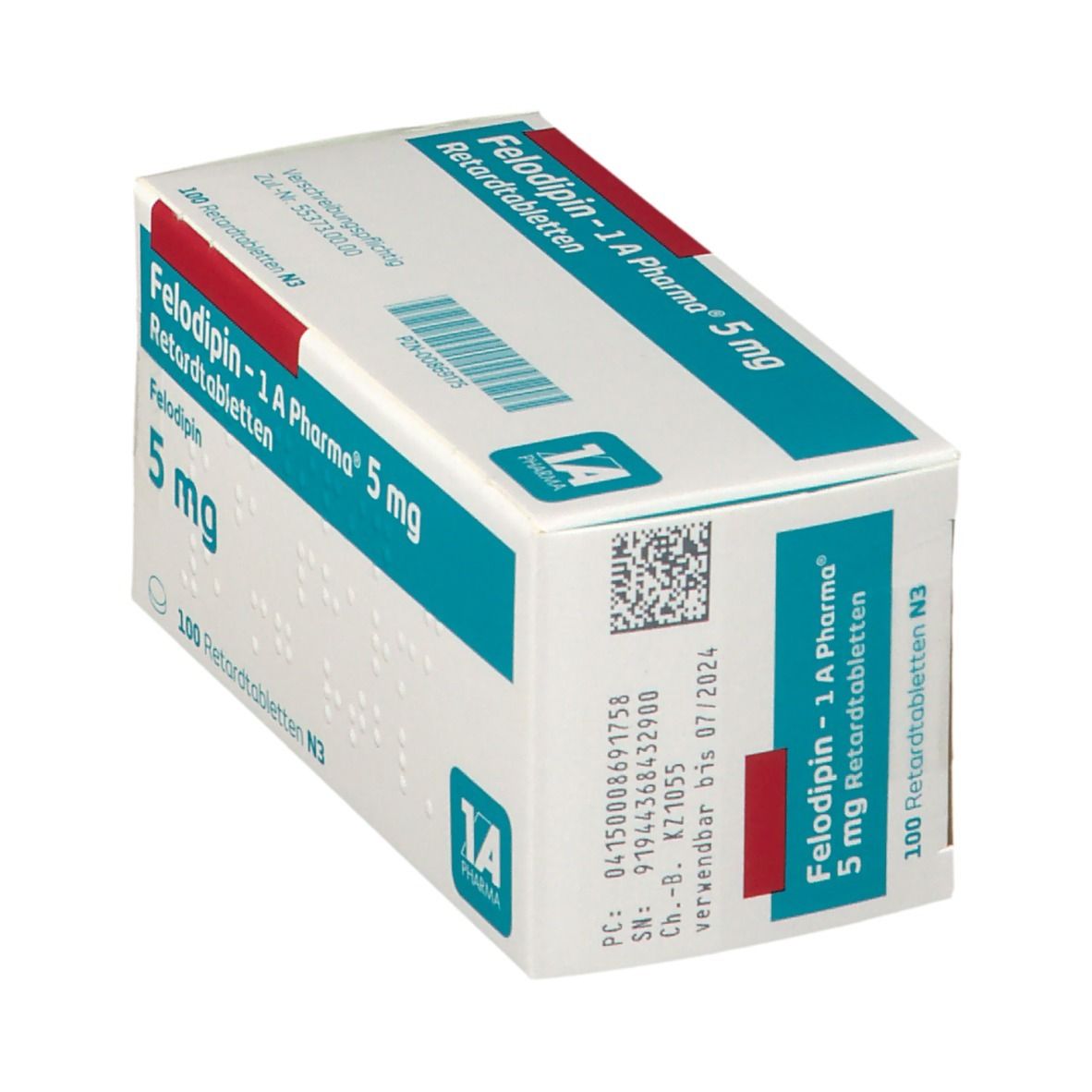 Schachtel Felodipin - 1 A Pharma® 5 mg Retardtabletten. Aufschrift: 5 mg, 100 Retardtabletten. Barcode und Verfallsdatum.