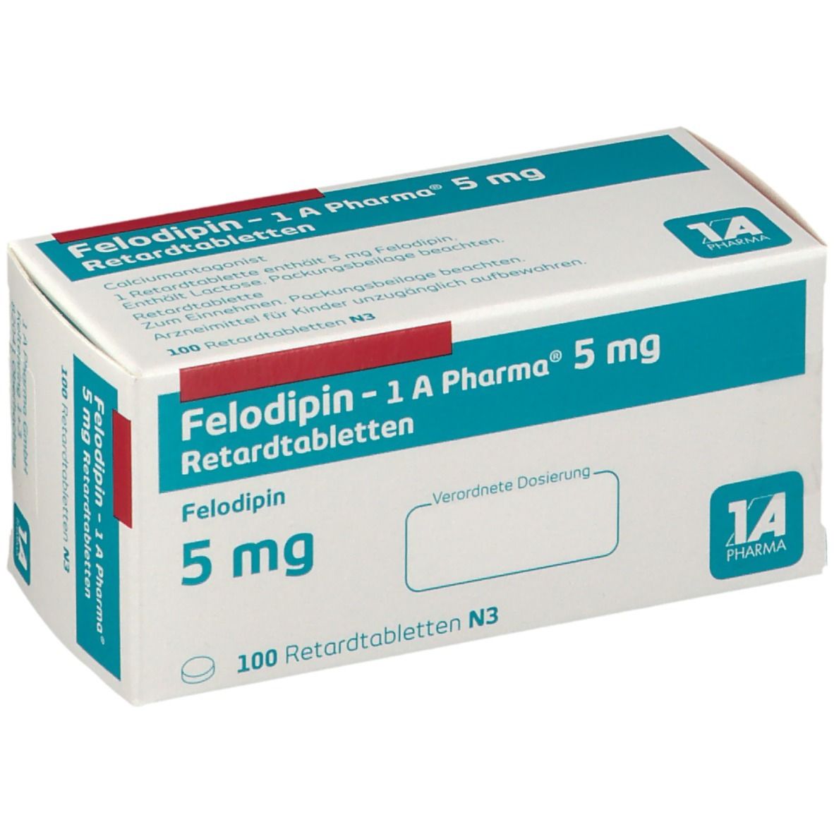 Schachtel Felodipin - 1 A Pharma® 5 mg Retardtabletten. Aufschrift: 5 mg, 100 Retardtabletten. Textfeld für Dosierung.