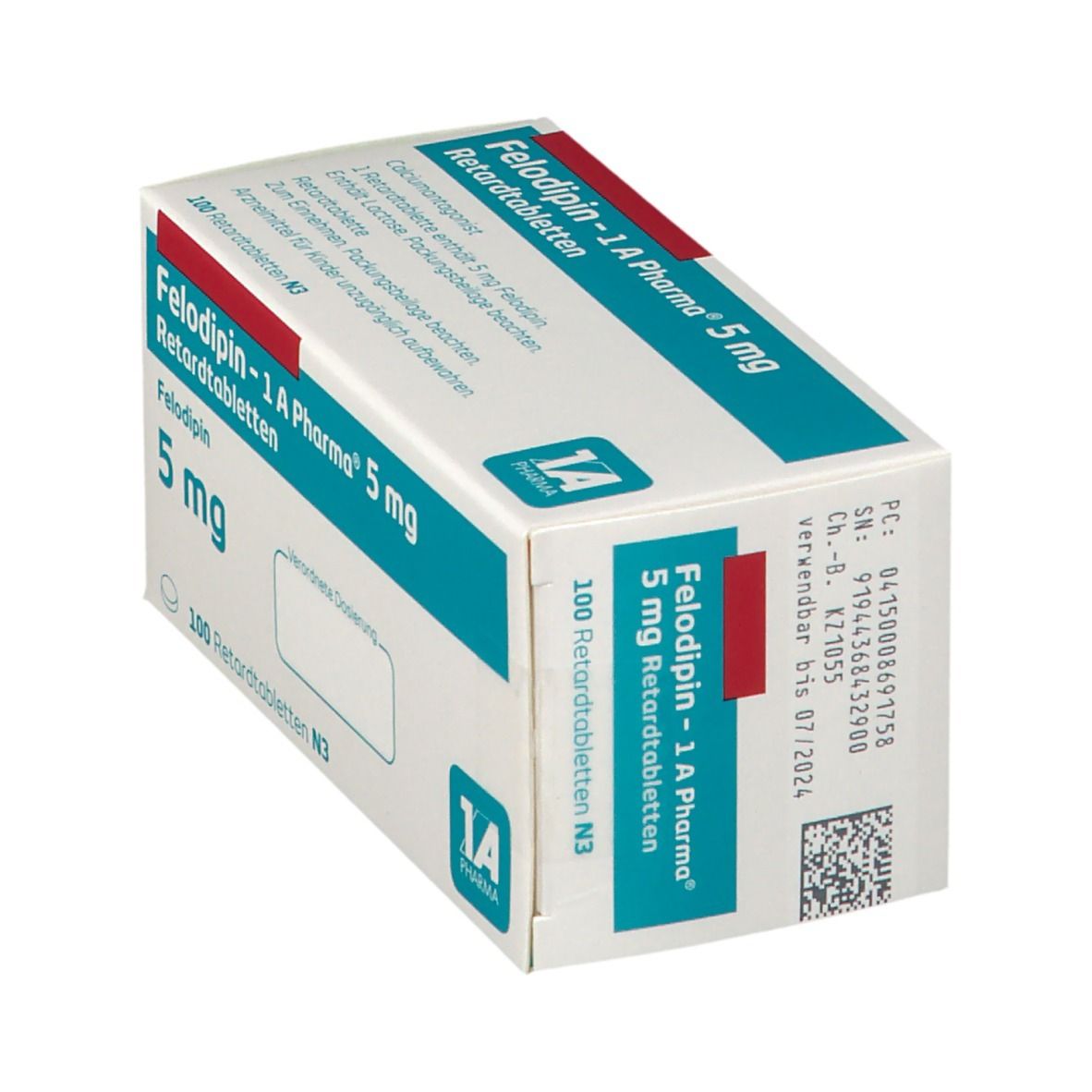 Schachtel Felodipin - 1 A Pharma® 5 mg Retardtabletten. Aufschrift: 5 mg, 100 Retardtabletten. Barcode und Verfallsdatum.