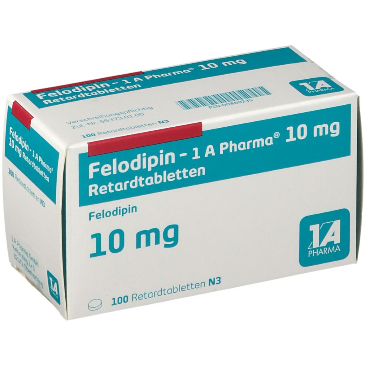 Schachtel Felodipin-1 A Pharma 10 mg Retardtabletten. Weiße Schachtel mit blauer und roter Schrift. 100 Retardtabletten.