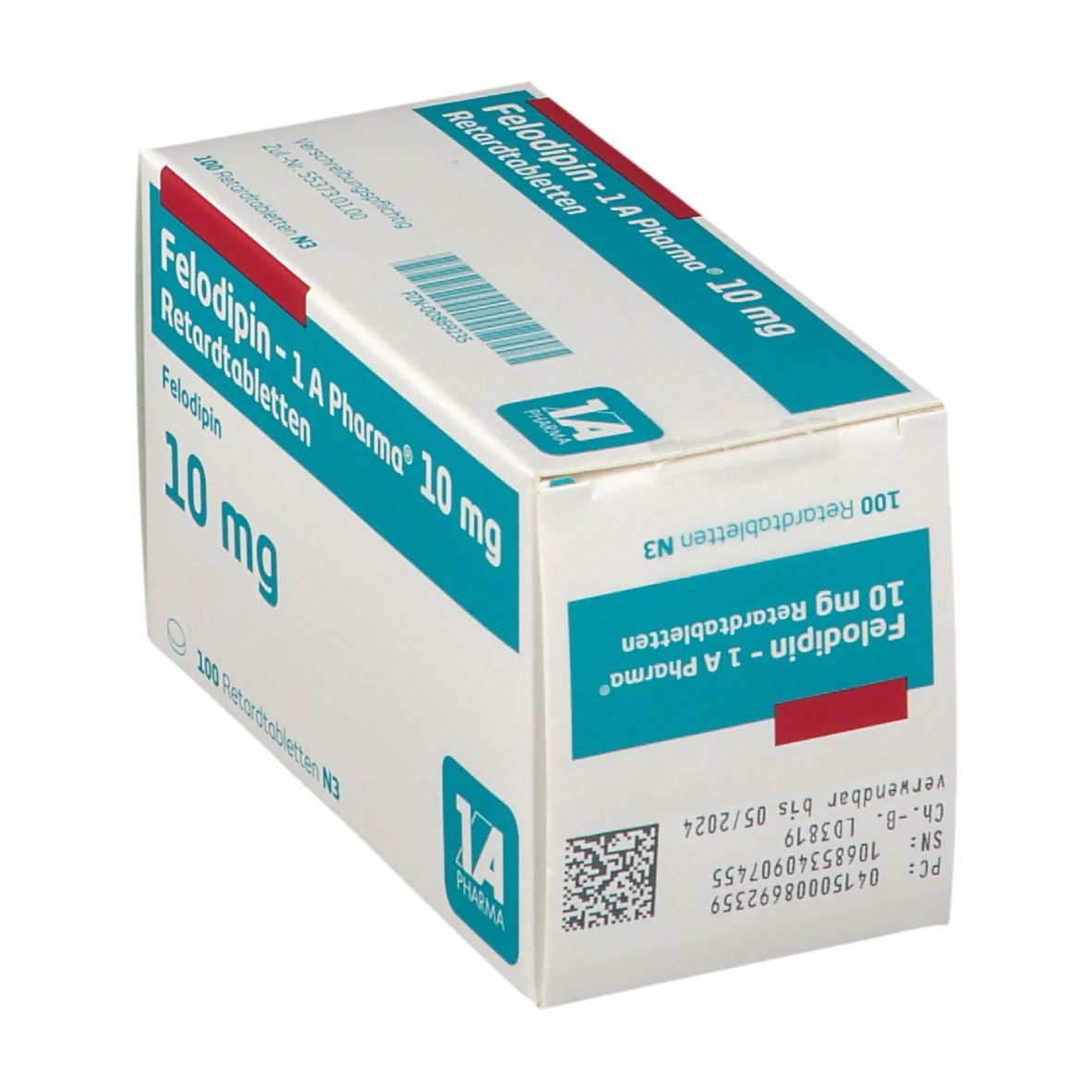 Schachtel Felodipin-1 A Pharma 10 mg Retardtabletten. Weiße Schachtel mit blauer Schrift. 100 Retardtabletten. Ansicht schräg.