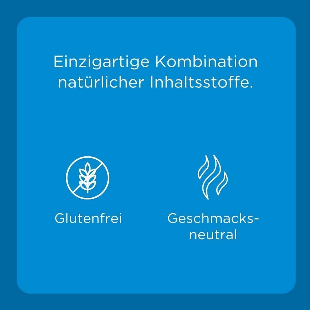 Blauer Hintergrund mit Text und Symbolen. Text: Glutenfrei, Geschmacksneutral, Einzigartige Kombination natürlicher Inhaltsstoffe.