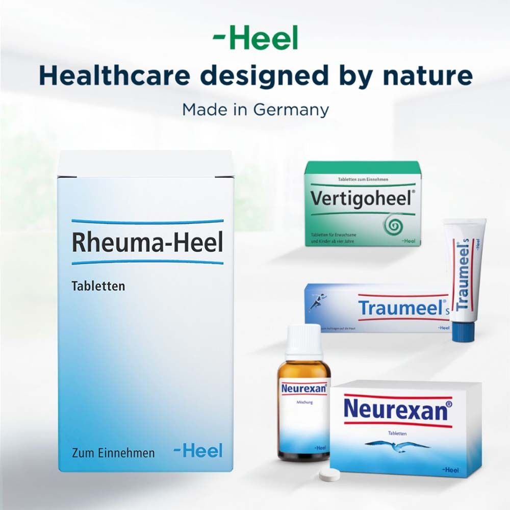 Verschiedene Produkte der Marke -Heel. Rheuma-Heel, Vertigoheel, Traumeel, Neurexan.