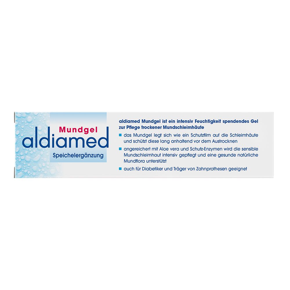 Faltschachtel aldiamed Mundgel mit Produktinformationen, 50g.