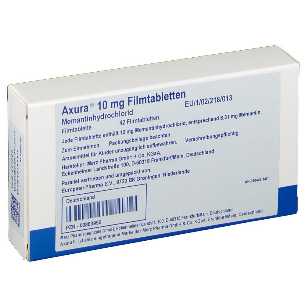 Schachtel mit AXURA 10 mg Filmtabletten. Aufschrift: Memantinhydrochlorid, 42 Filmtabletten. Herstellerinformationen und Barcode.