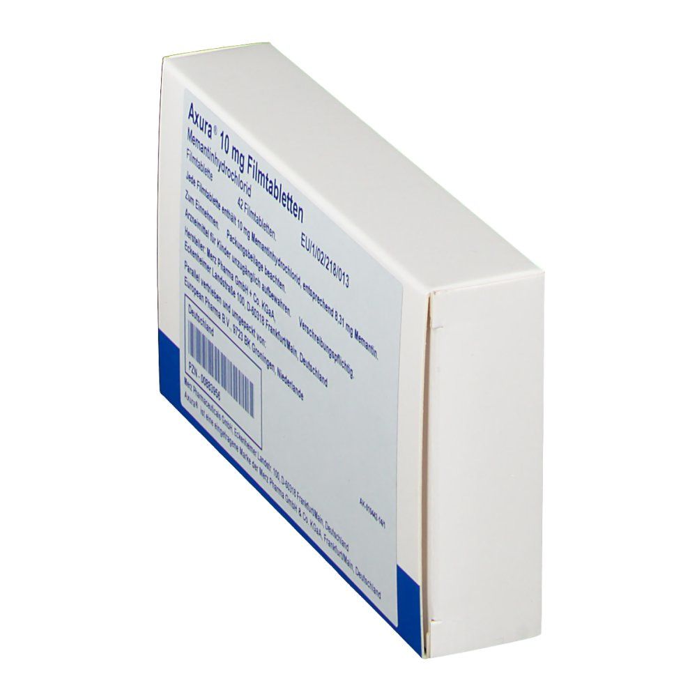 Schräg gestellte Schachtel mit AXURA 10 mg Filmtabletten. Sichtbar: Produktname, Herstellerinformationen und Barcode.