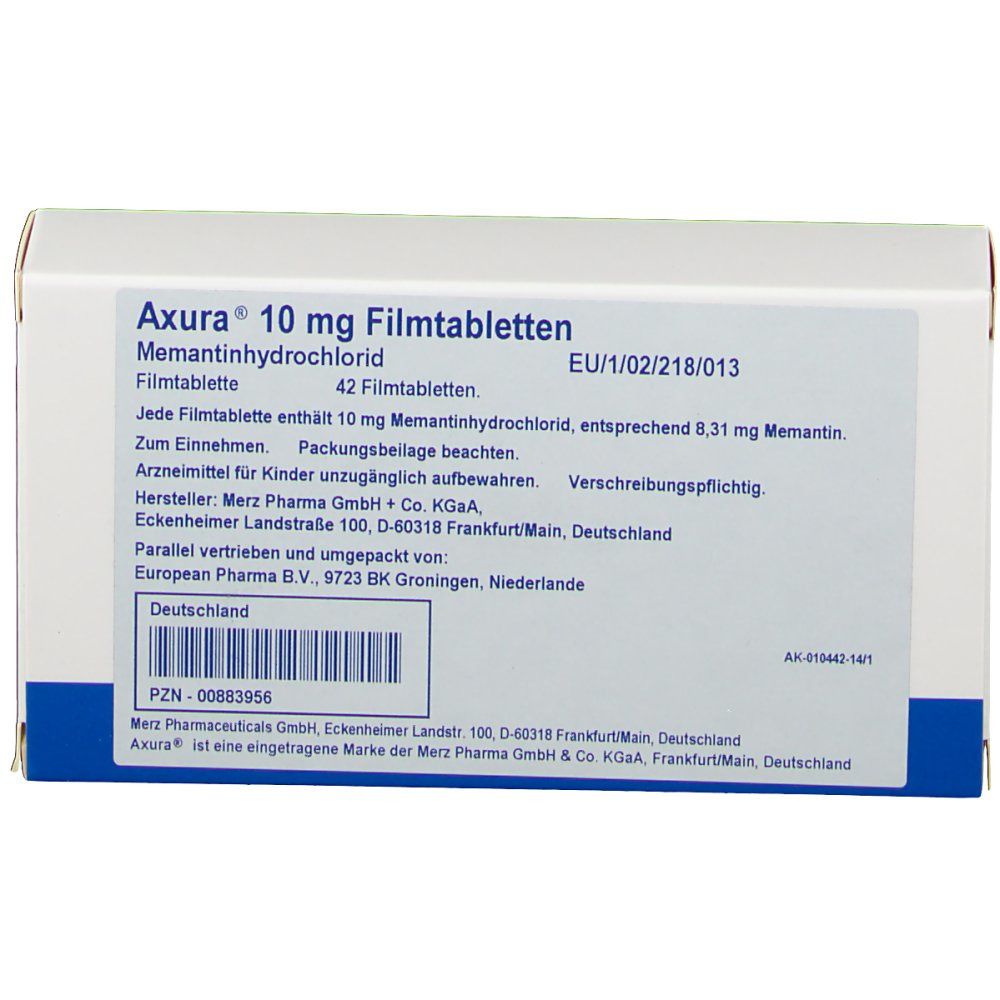 Rückseite der Schachtel mit AXURA 10 mg Filmtabletten. Produktname, Inhaltsstoffe, Herstellerinformationen und Barcode.