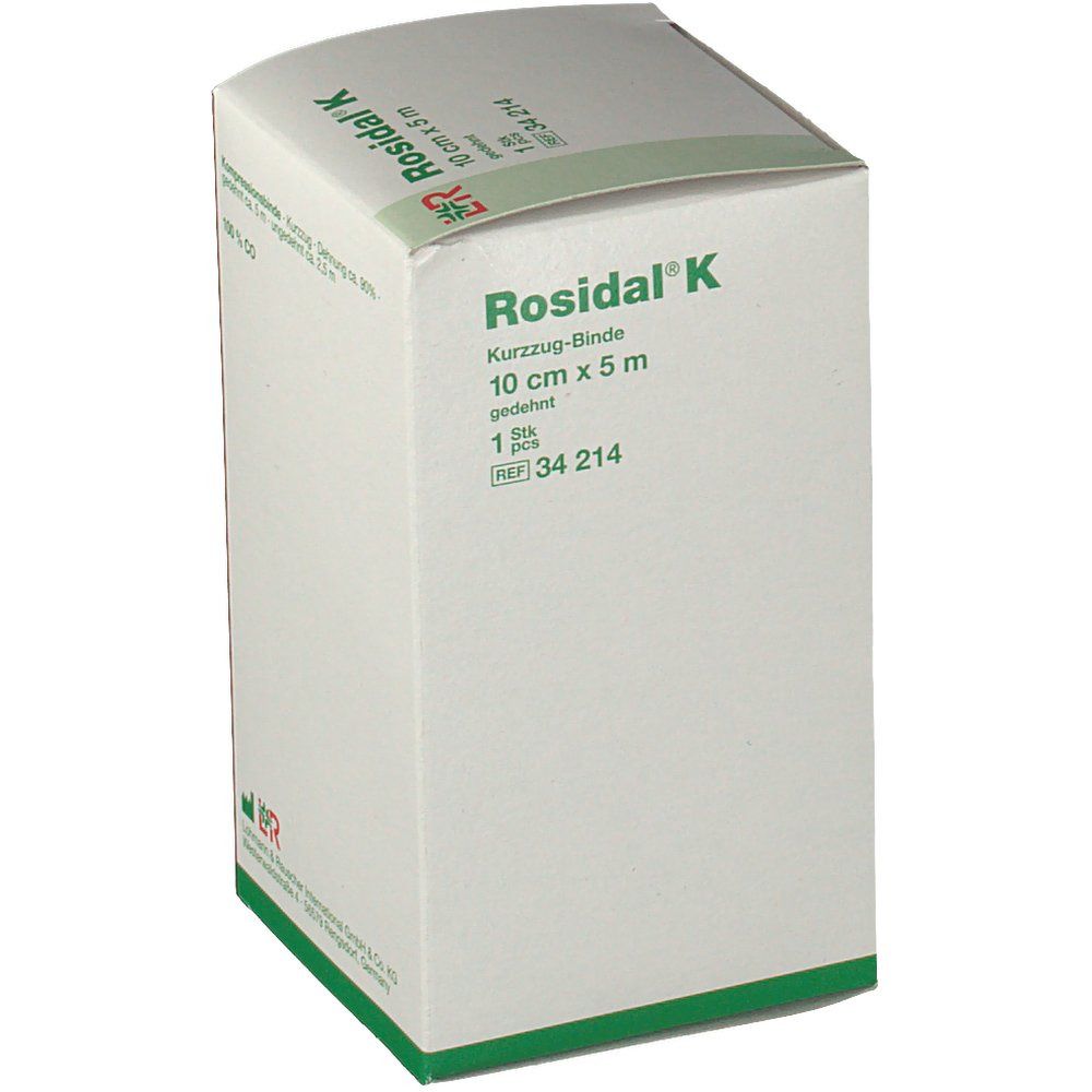 Verpackung von Rosidal® K. Aufdruck: Kurz-Zug-Binde, 10 cm x 5 m, 1 Stk. Logo: L&R.