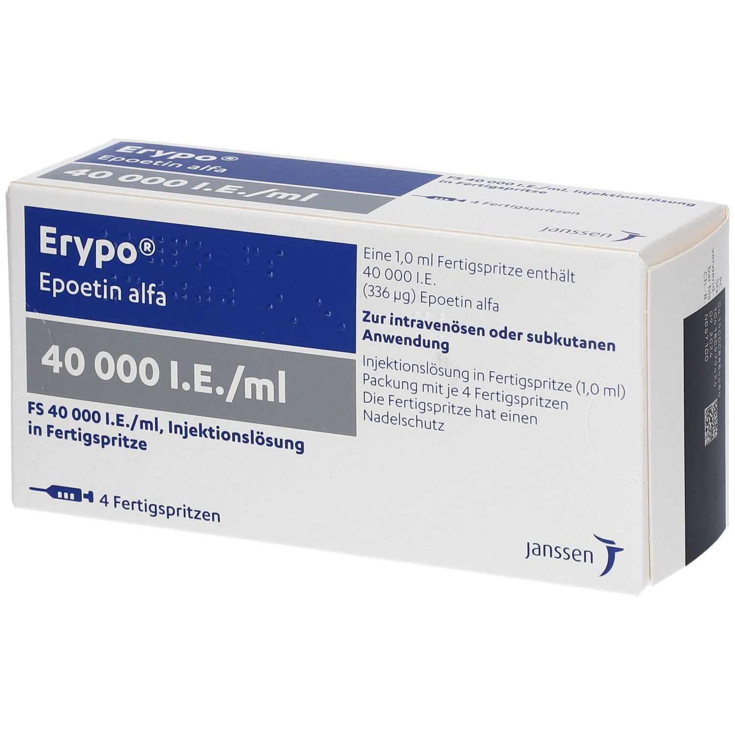 Karton von Erypo® mit Aufschrift 40 000 I.E./ml. Enthält 4 Fertigspritzen. Janssen-Logo.