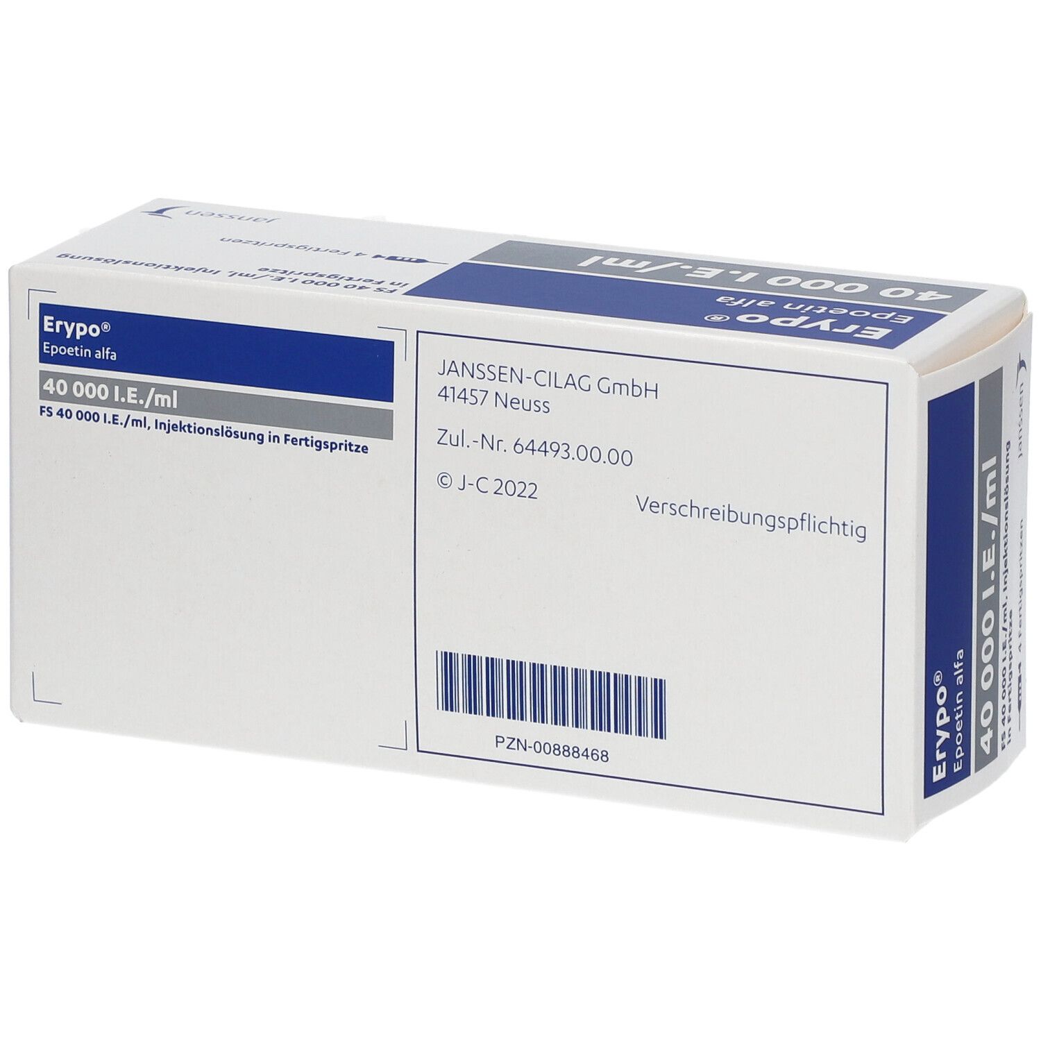 Karton von Erypo® mit Aufschrift 40 000 I.E./ml. Enthält 4 Fertigspritzen. Janssen-Logo.