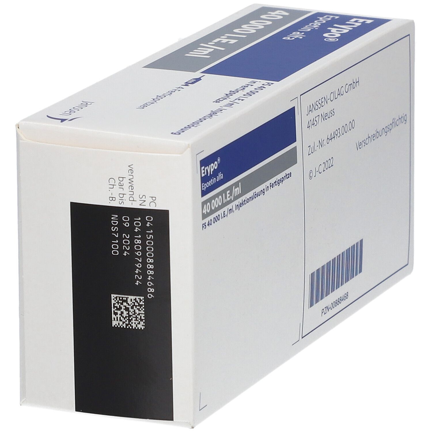 Karton von Erypo® mit Aufschrift 40 000 I.E./ml. Enthält 4 Fertigspritzen. Janssen-Logo.