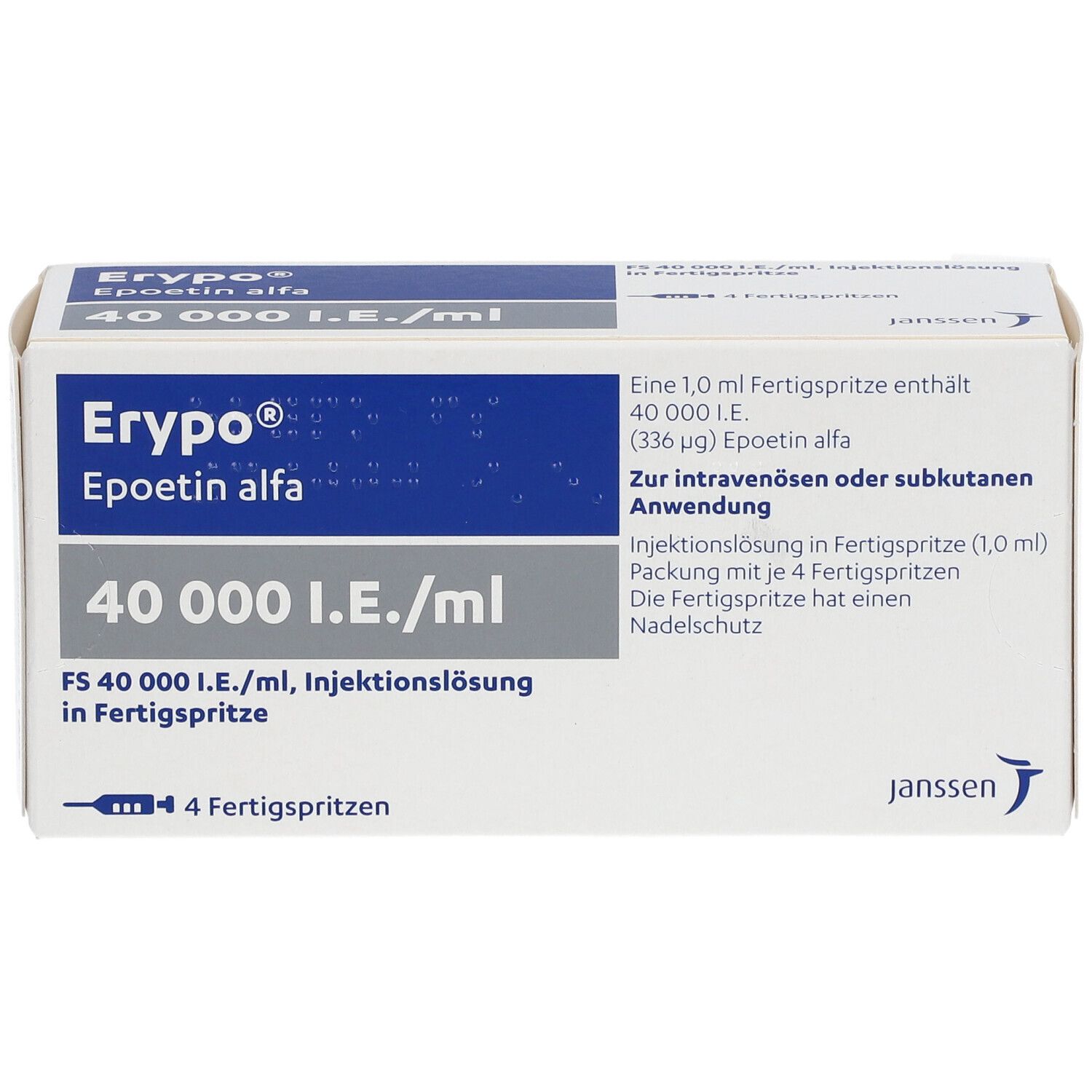 Karton von Erypo® mit Aufschrift 40 000 I.E./ml. Enthält 4 Fertigspritzen. Janssen-Logo.