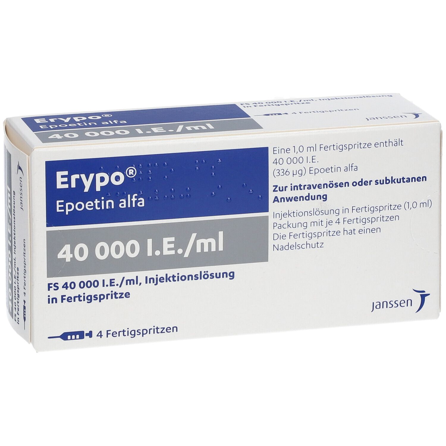 Karton von Erypo® mit Aufschrift 40 000 I.E./ml. Enthält 4 Fertigspritzen. Janssen-Logo.