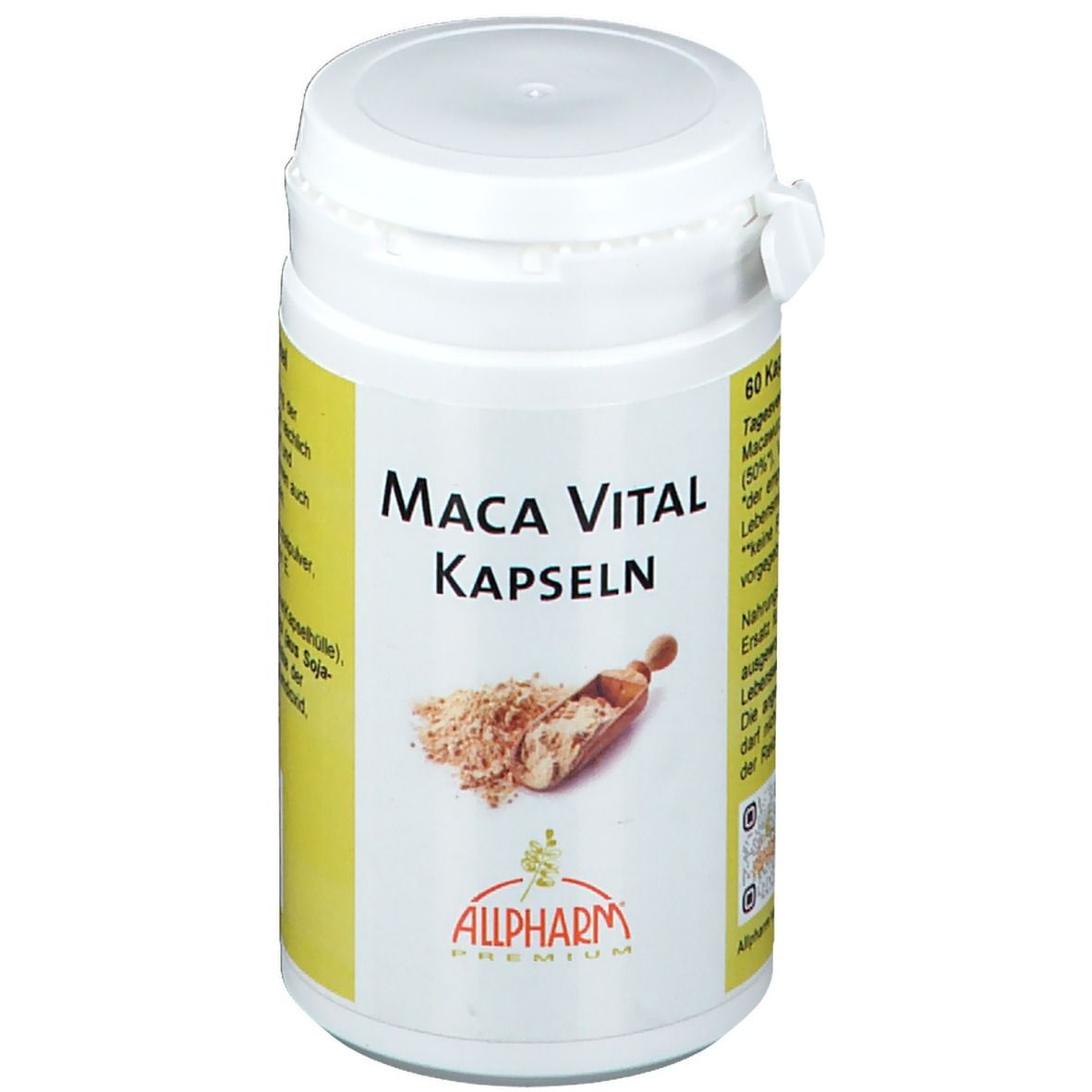 Weiße Dose mit "Maca Vital Kapseln"-Aufschrift. Abbildung von Maca-Pulver und Holzlöffel. ALLPHARM-Logo.