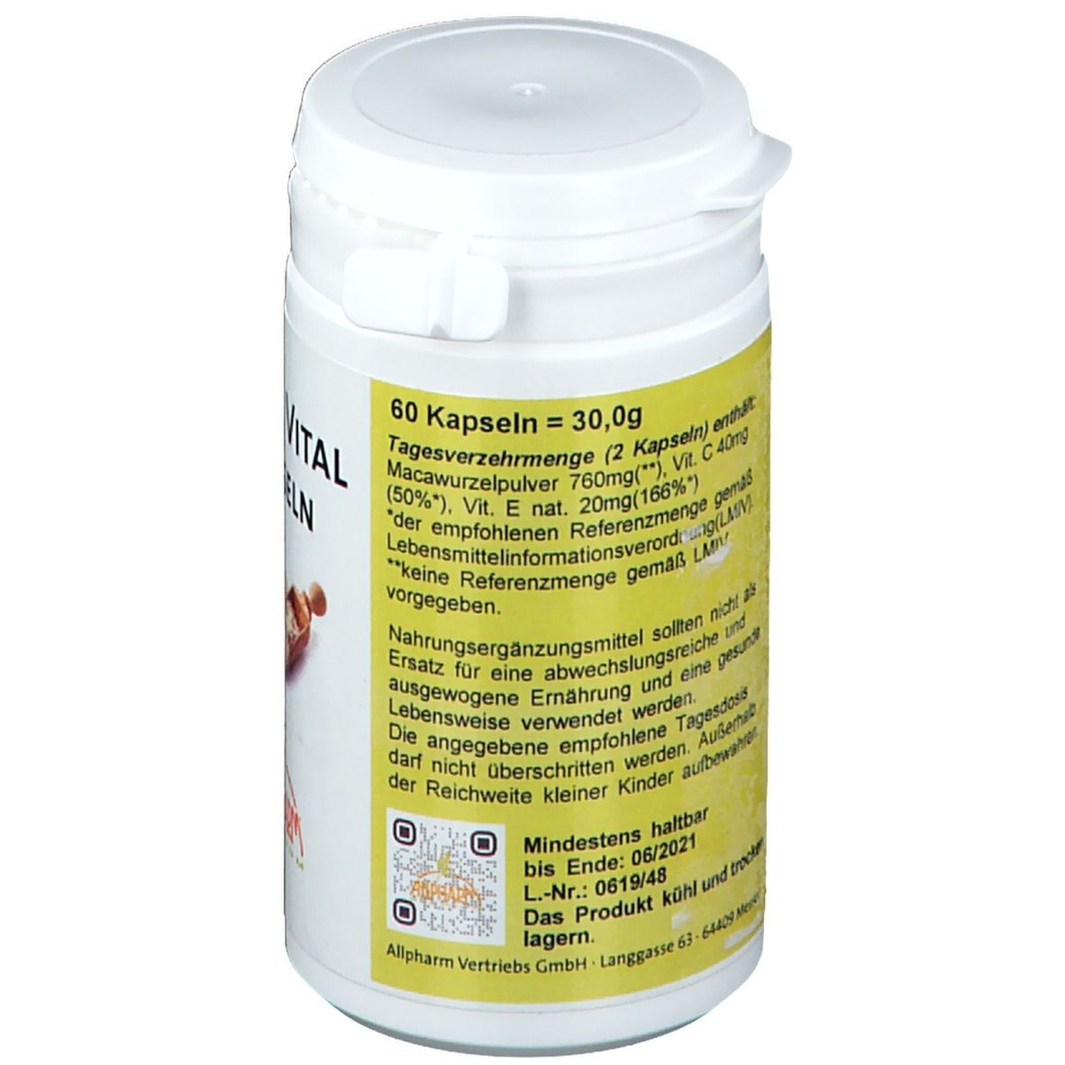 Weiße Dose mit gelbem Etikett. Text: "60 Kapseln = 30,0g". Inhaltsstoffe und QR-Code. Mindesthaltbarkeit 06/2021.