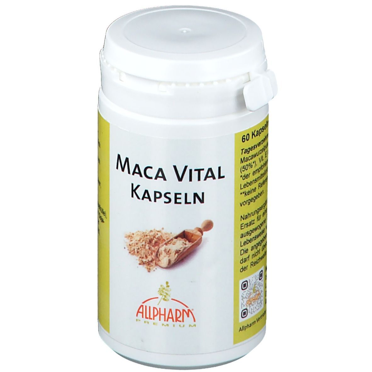 Weiße Dose mit "Maca Vital Kapseln"-Aufschrift. Abbildung von Maca-Pulver und Holzlöffel. ALLPHARM-Logo.