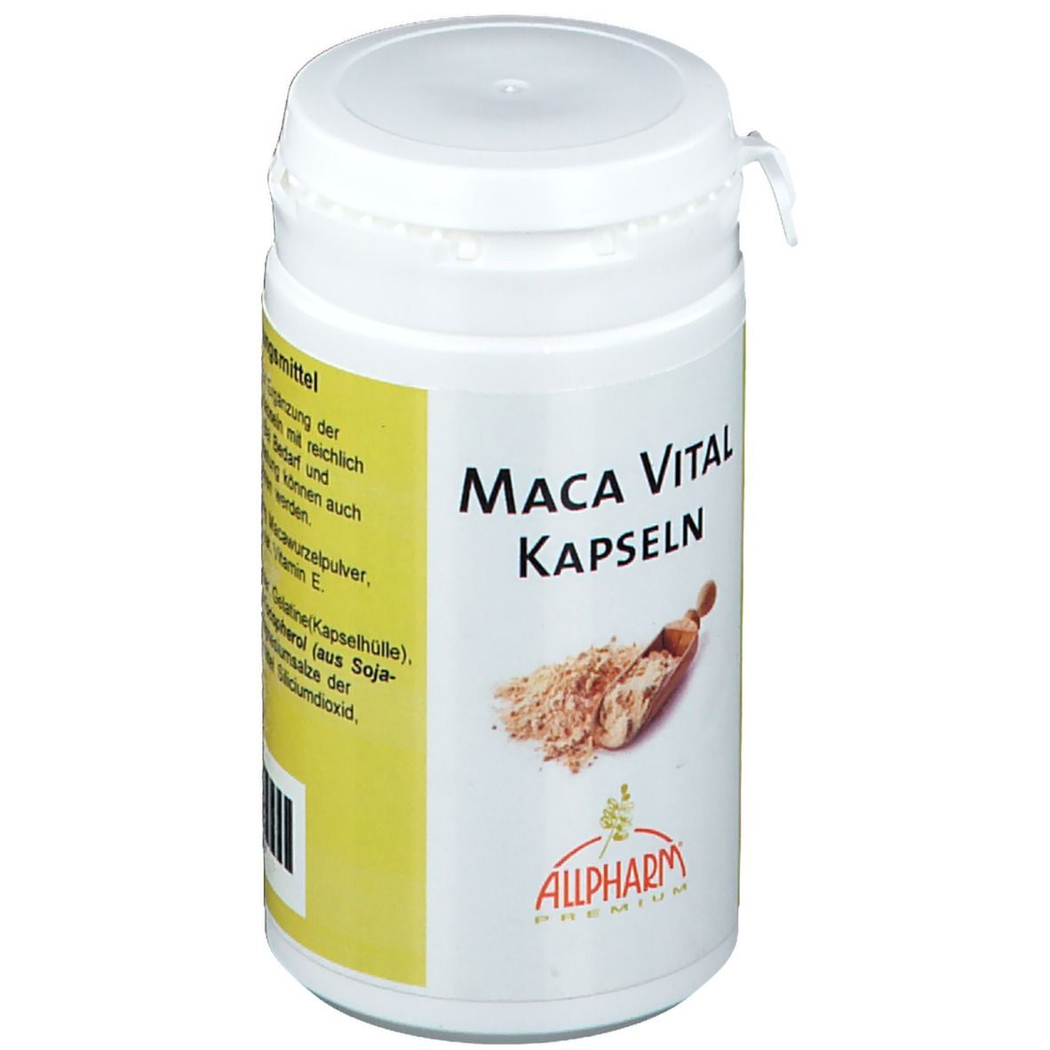 Weiße Dose mit "Maca Vital Kapseln"-Aufschrift. Abbildung von Maca-Pulver und Holzlöffel. ALLPHARM-Logo.