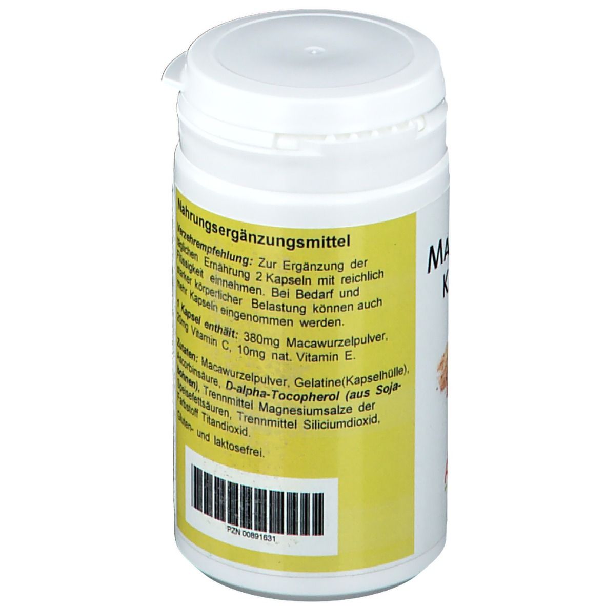 Weiße Dose mit gelbem Etikett. Text: Inhaltsstoffe, Dosierung. Enthält Maca-Wurzelpulver, Vitamin C, Vitamin E.