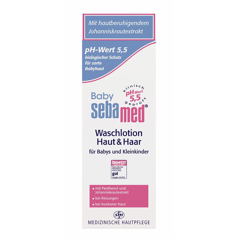 Baby sebamed Waschlotion Haut & Haar. Weiße Flasche mit rosa und blauen Akzenten. Text: pH-Wert 5,5, für Babys und Kleinkinder.